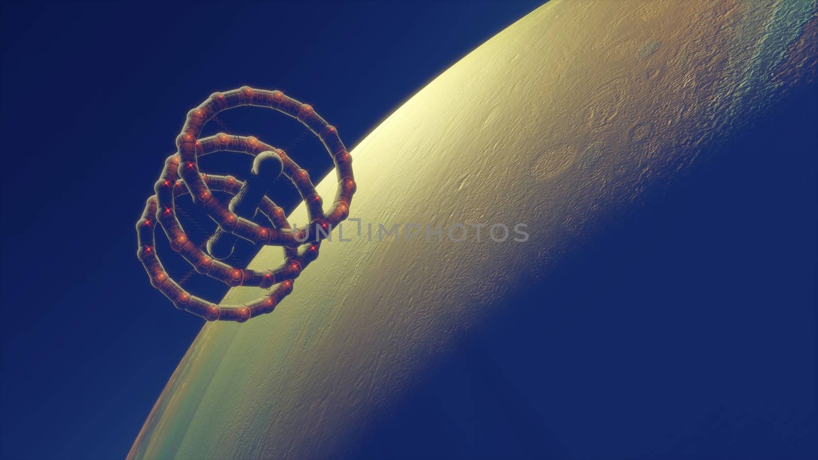 Spacestation orbital flying over exoplanet. 3d illustration.