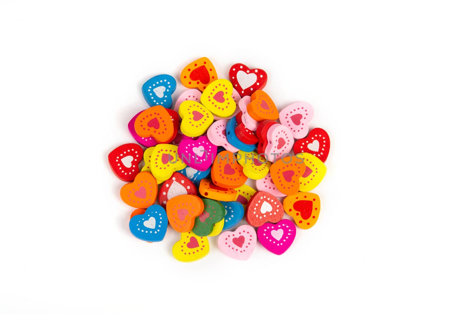Sewing Colorful wooden buttons beads on white background. Use for handmade and children's creativity. Space for text.