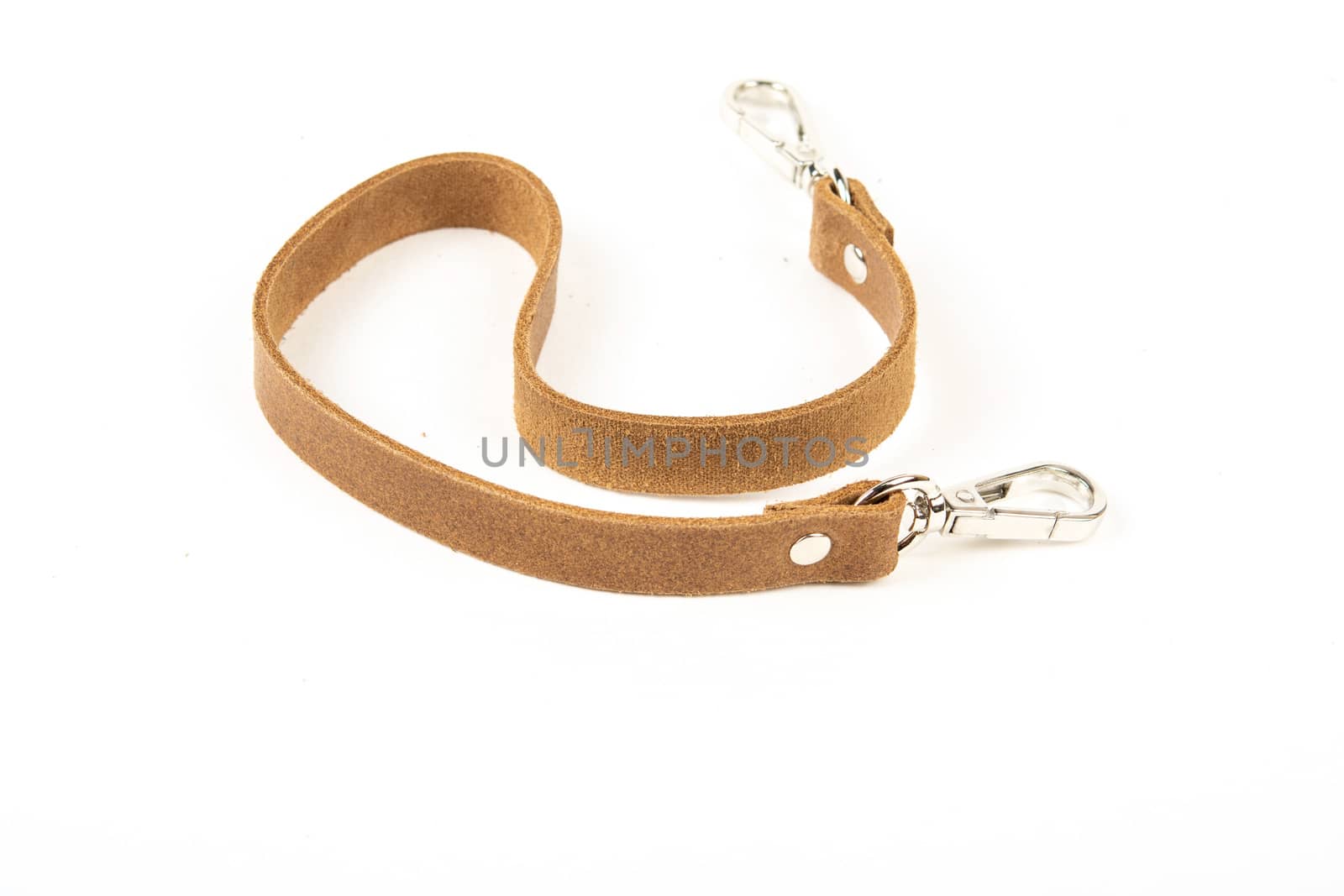 brown leather belt with carbine and metal accessories isolated on white background. use for bags and suitcases