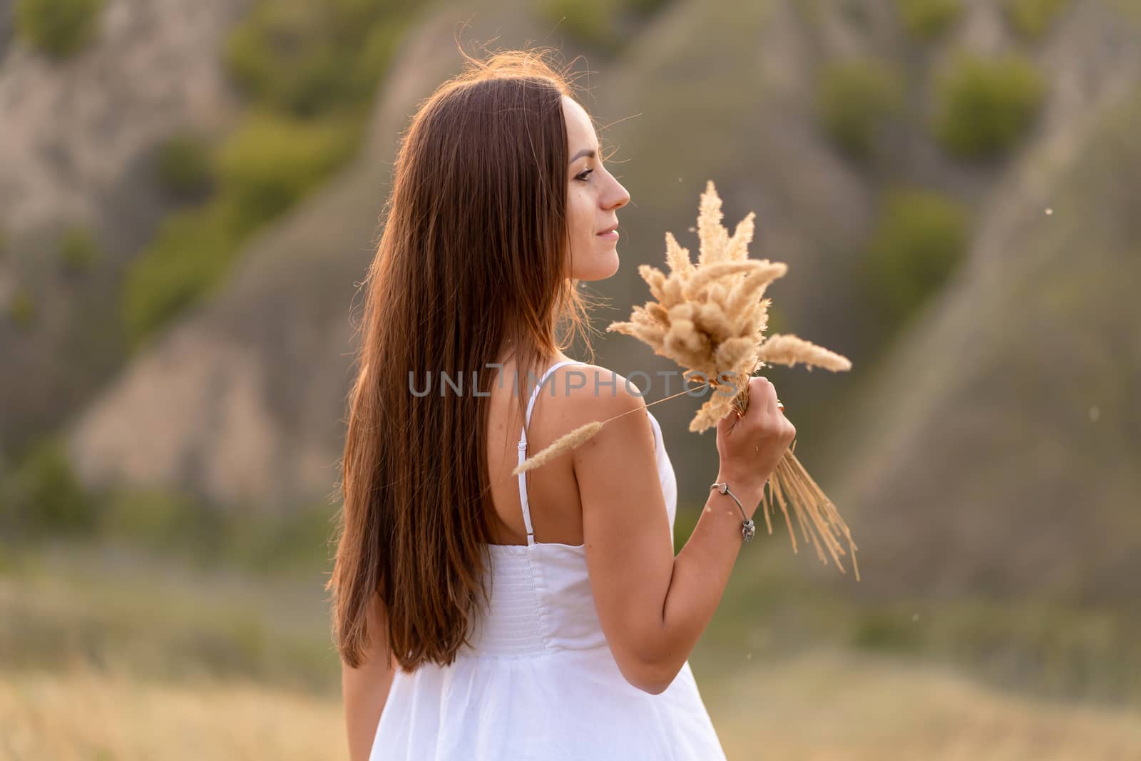 Beautiful tender girl in a white sundress walks at sunset in a field with a spikelet bouquet