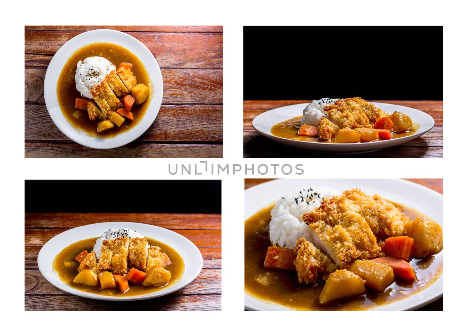 Group of position Japanese curry with rice, black sesame, carrot, potato and deep fries chicken in white dish on wooden table.