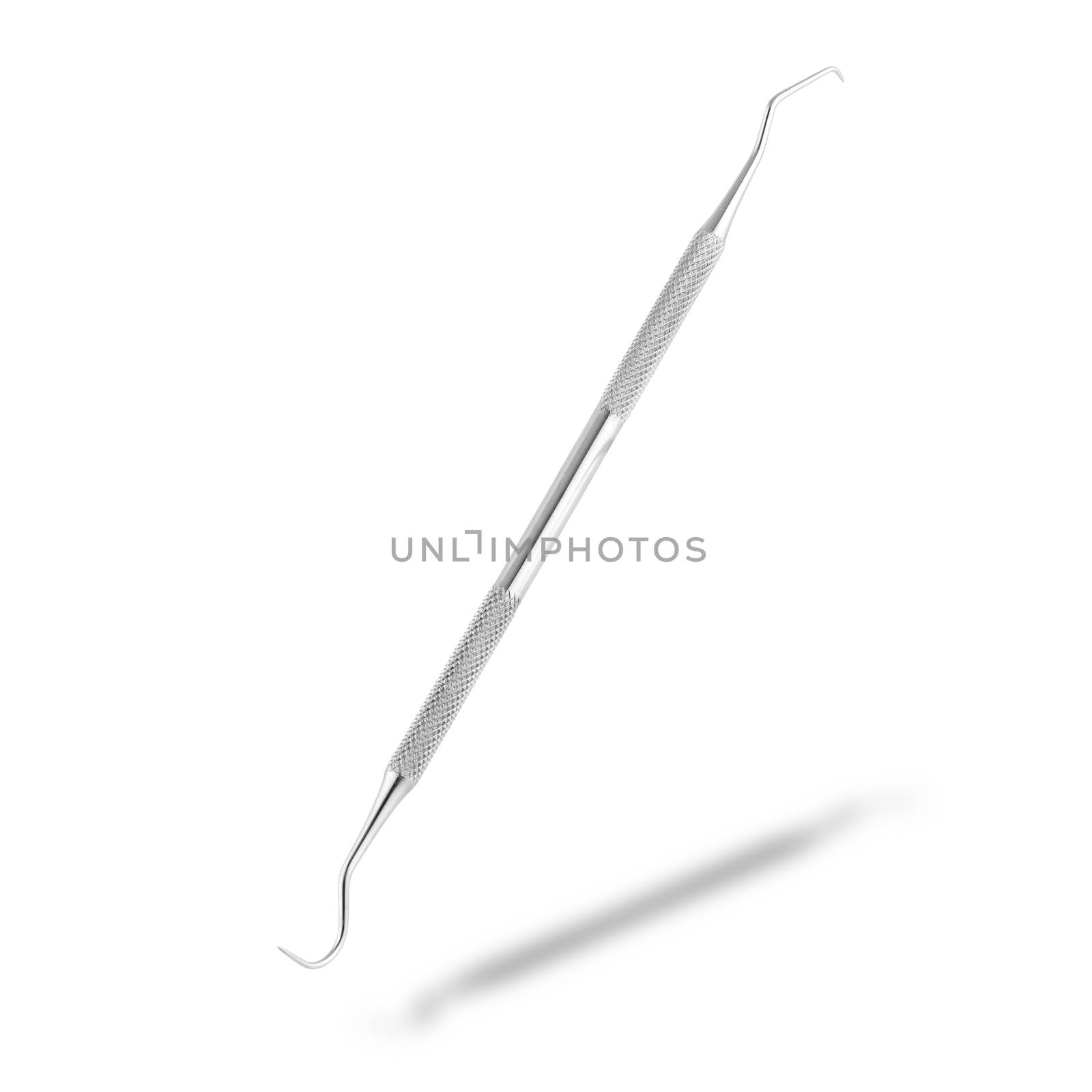 A double ended dentist's scaler and sickle probe dental explorer on white with drop shadow with clipping path