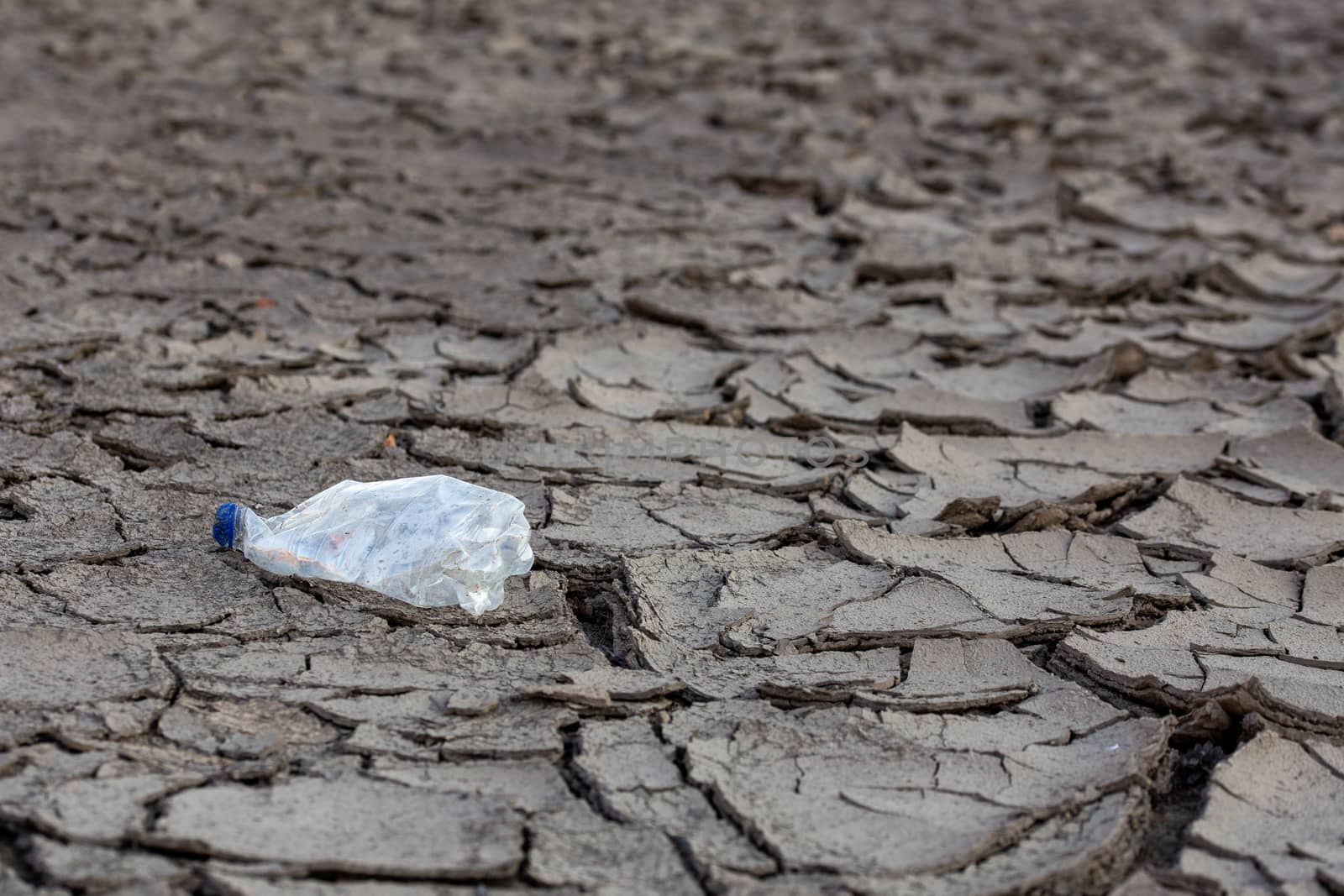 empty crumpled plastic bottle on dry cracked mud desert like gray background, close-up with selective focus and blur