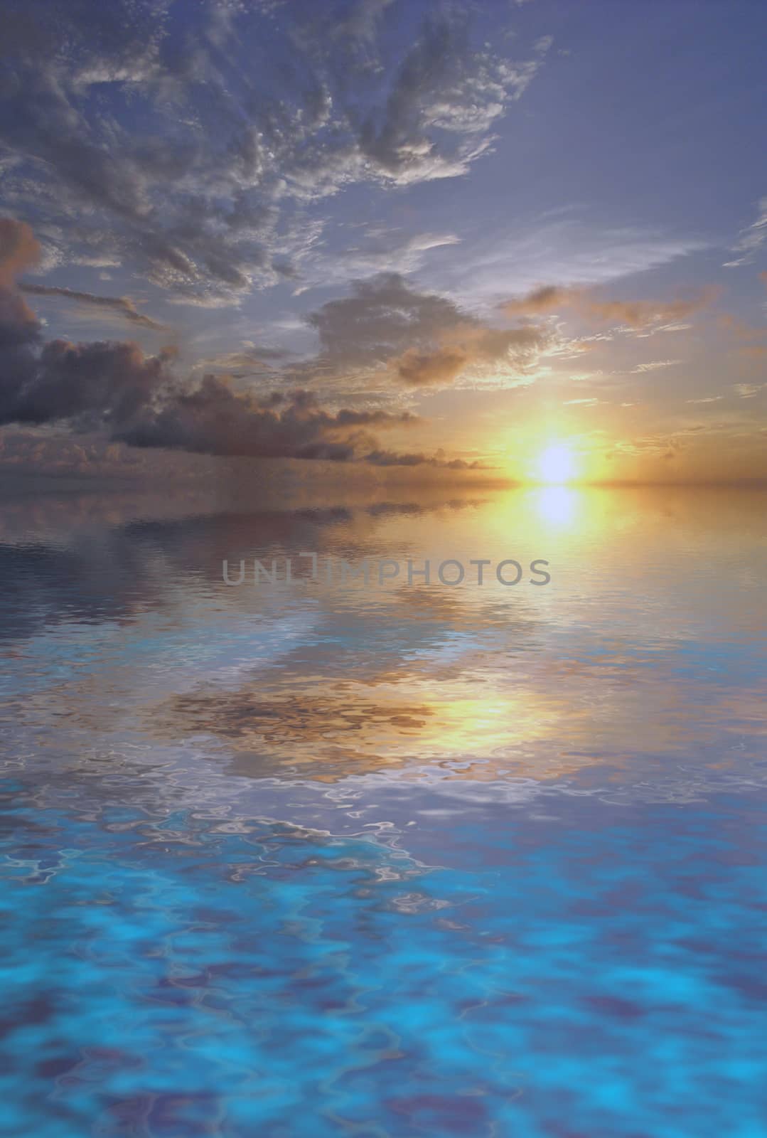 Unreal sunset over water surface. 3D rendering