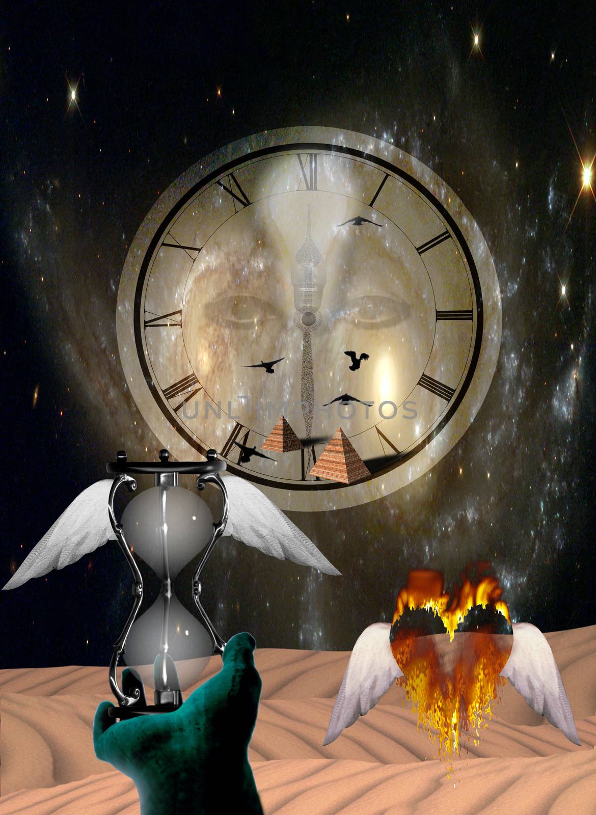 Life and time concept. Hourglass, winged heart and clock. 3D rendering