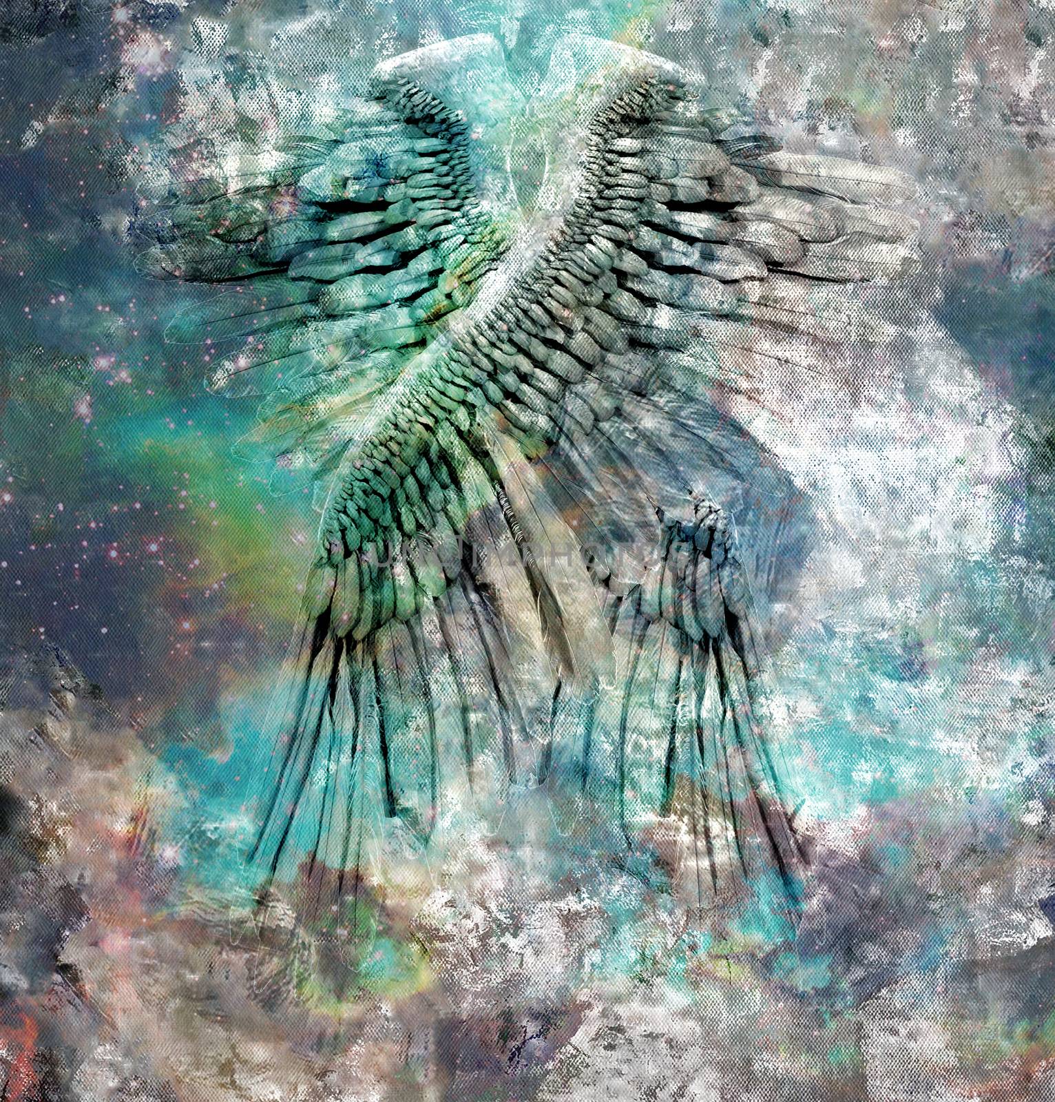 Angel wings on abstract canvas. 3D rendering