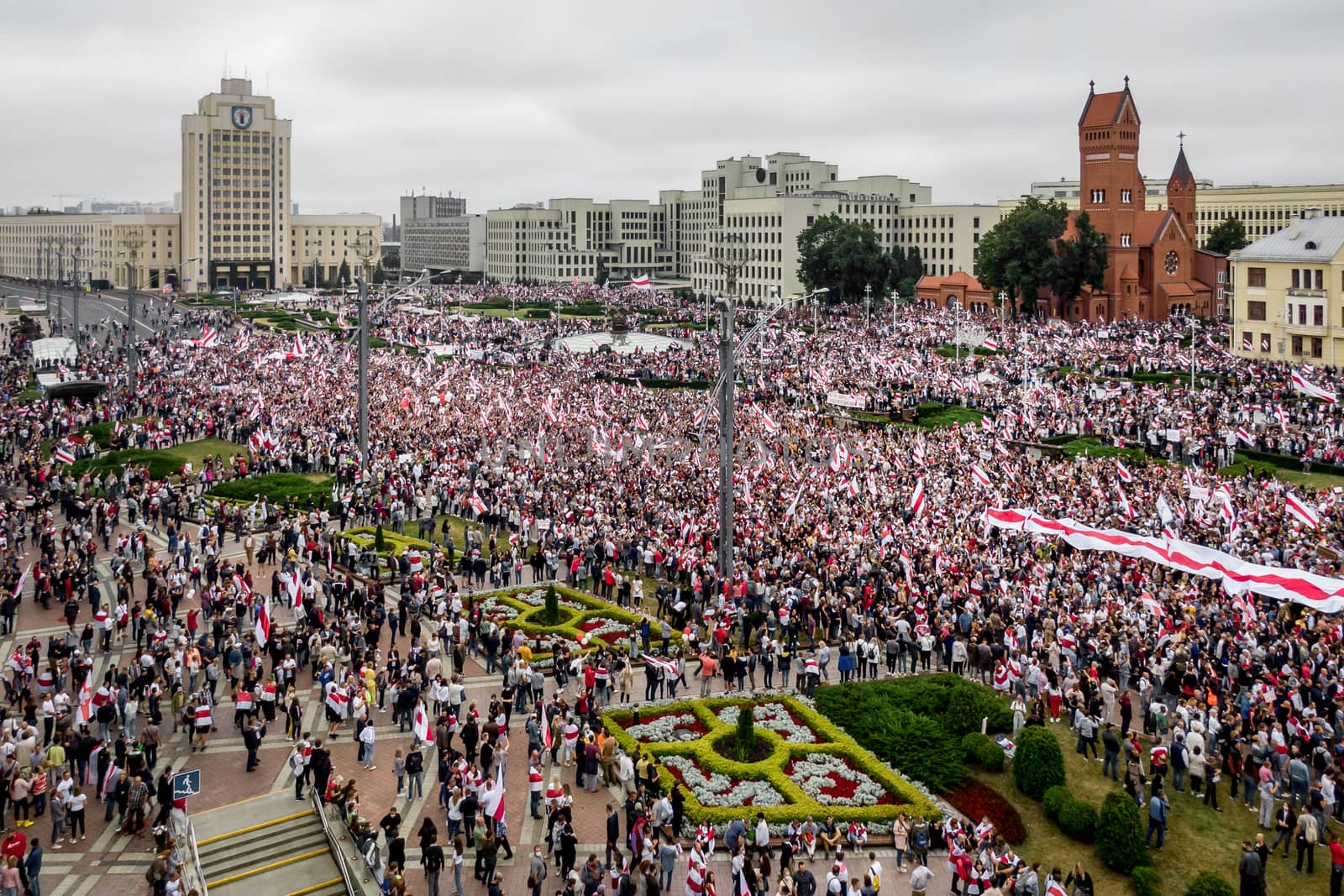 Minsk, Belarus - 23.08.20: Belarus protest on the main Minsk square. Many people and new Belarus flags.