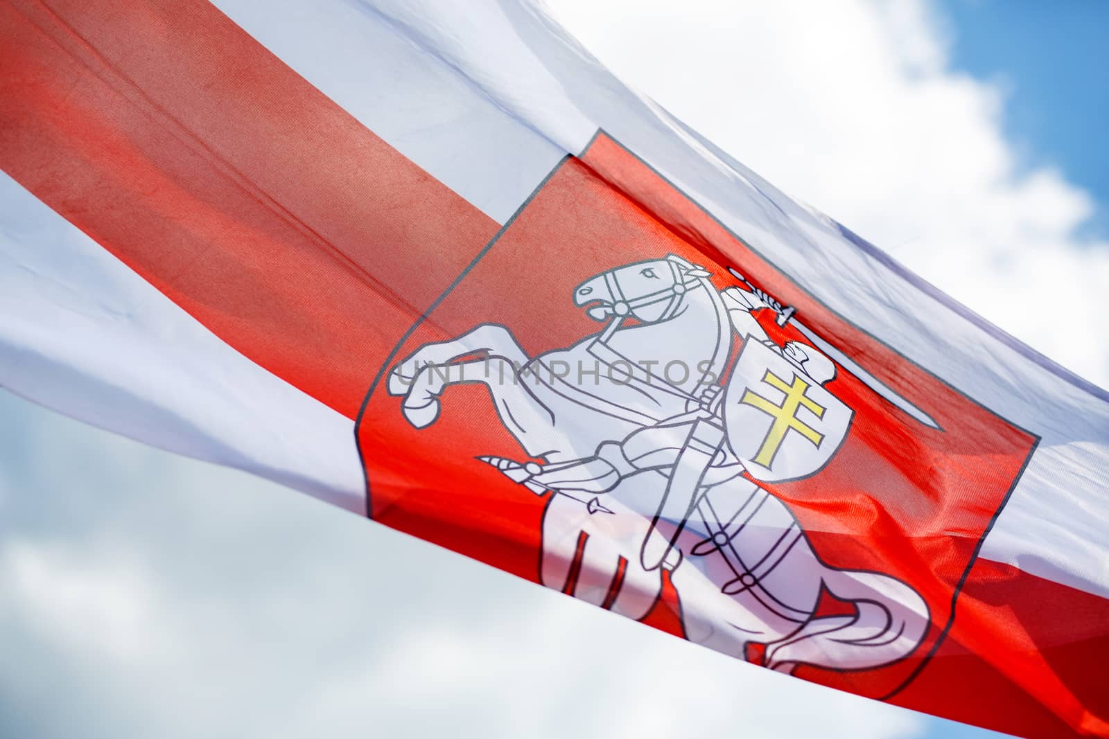 Flag with historical Belarus emblem. Coat of arms of Belarus.