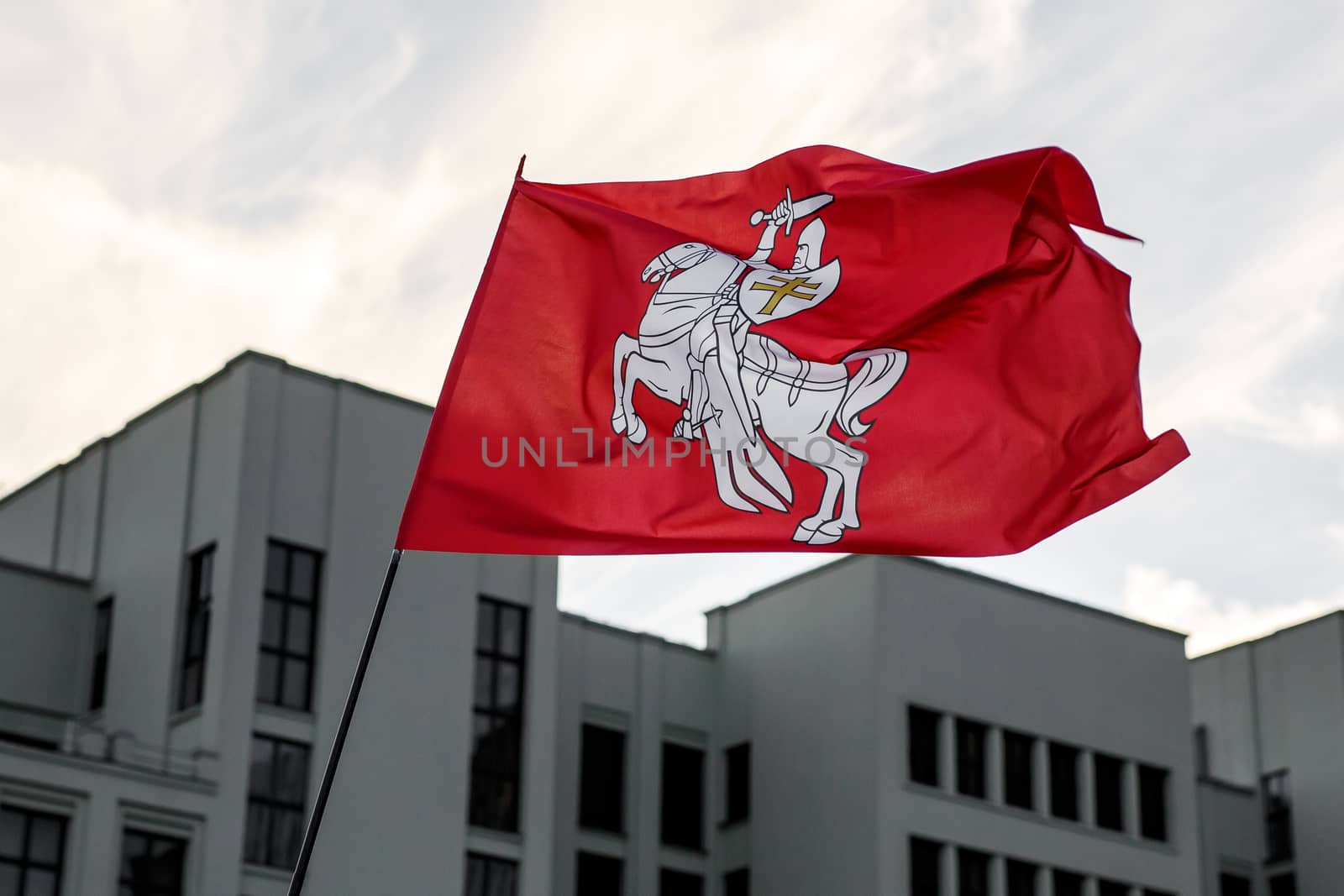 Flag with historical Belarus emblem. Coat of arms of Belarus.