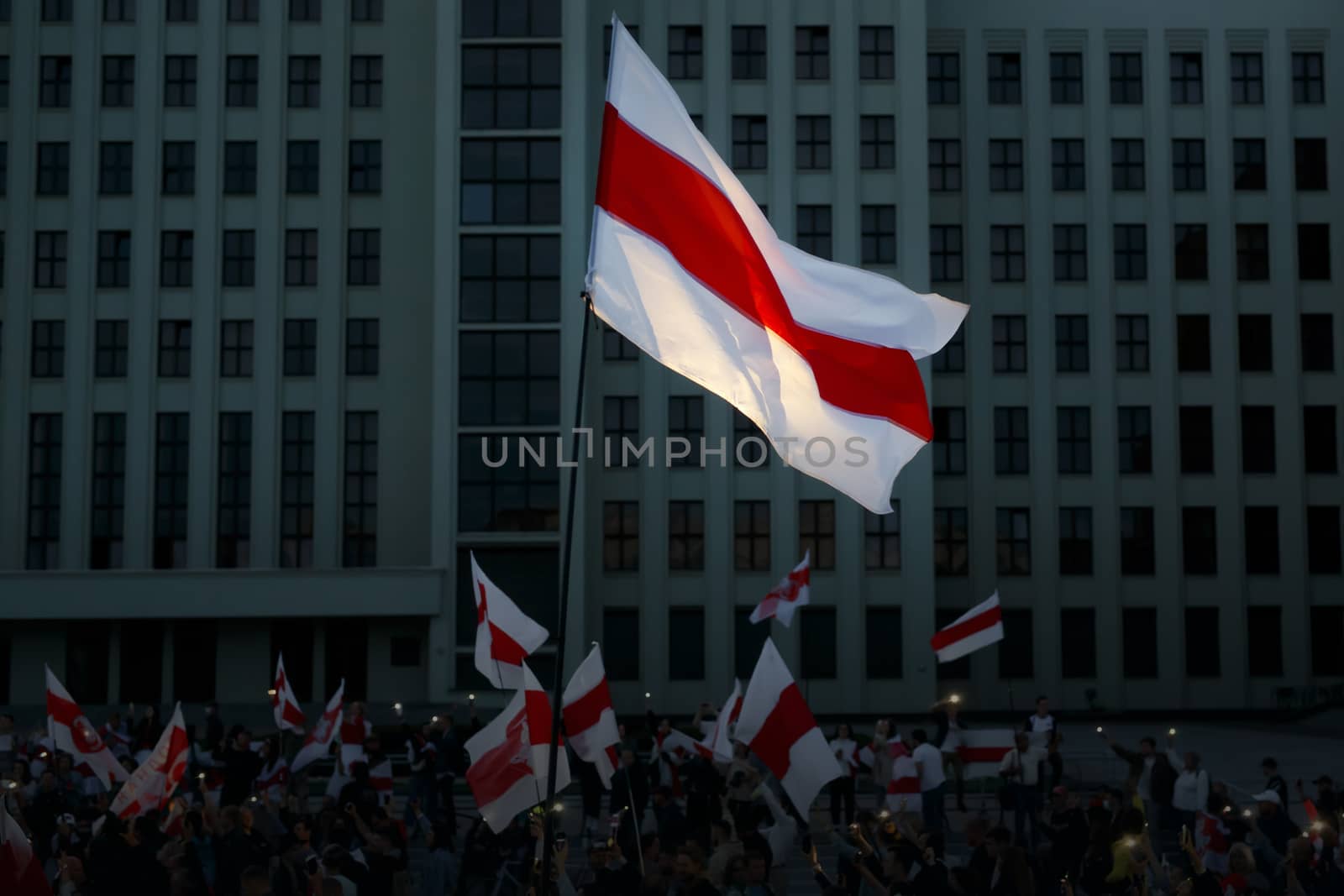 New Belarus white-red-white flag. Protest and historical authentic flag.