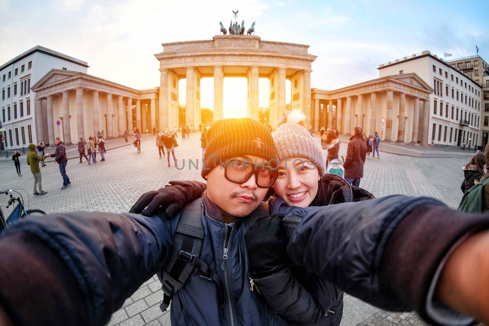 Young Couple Tourists selfie with smartphone at Brandenburger Ga by Surasak