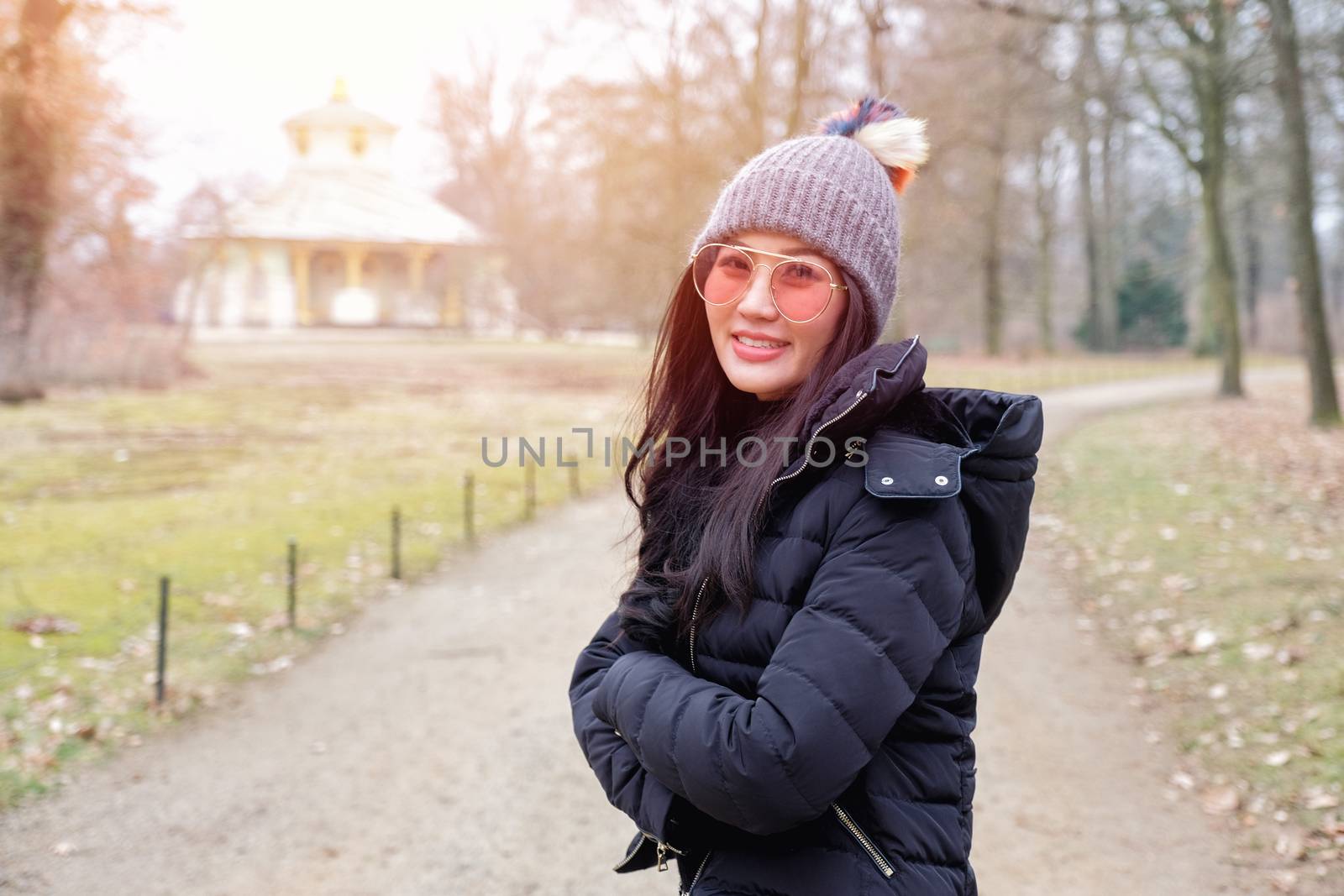 Young female tourist in Sans Souci palace in Potsdam, Berlin, Germany, Europe.