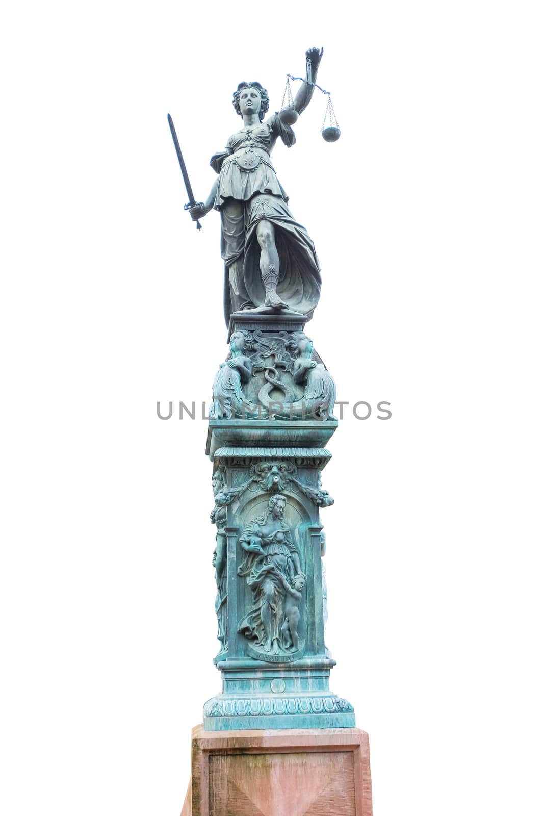 Justitia statue on white background