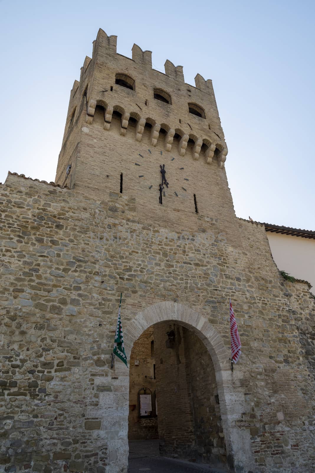 montefalco,italy august 13 2020:tower of Porta which leads to via Corso Goffredo Mameli, municipality of Montefalco