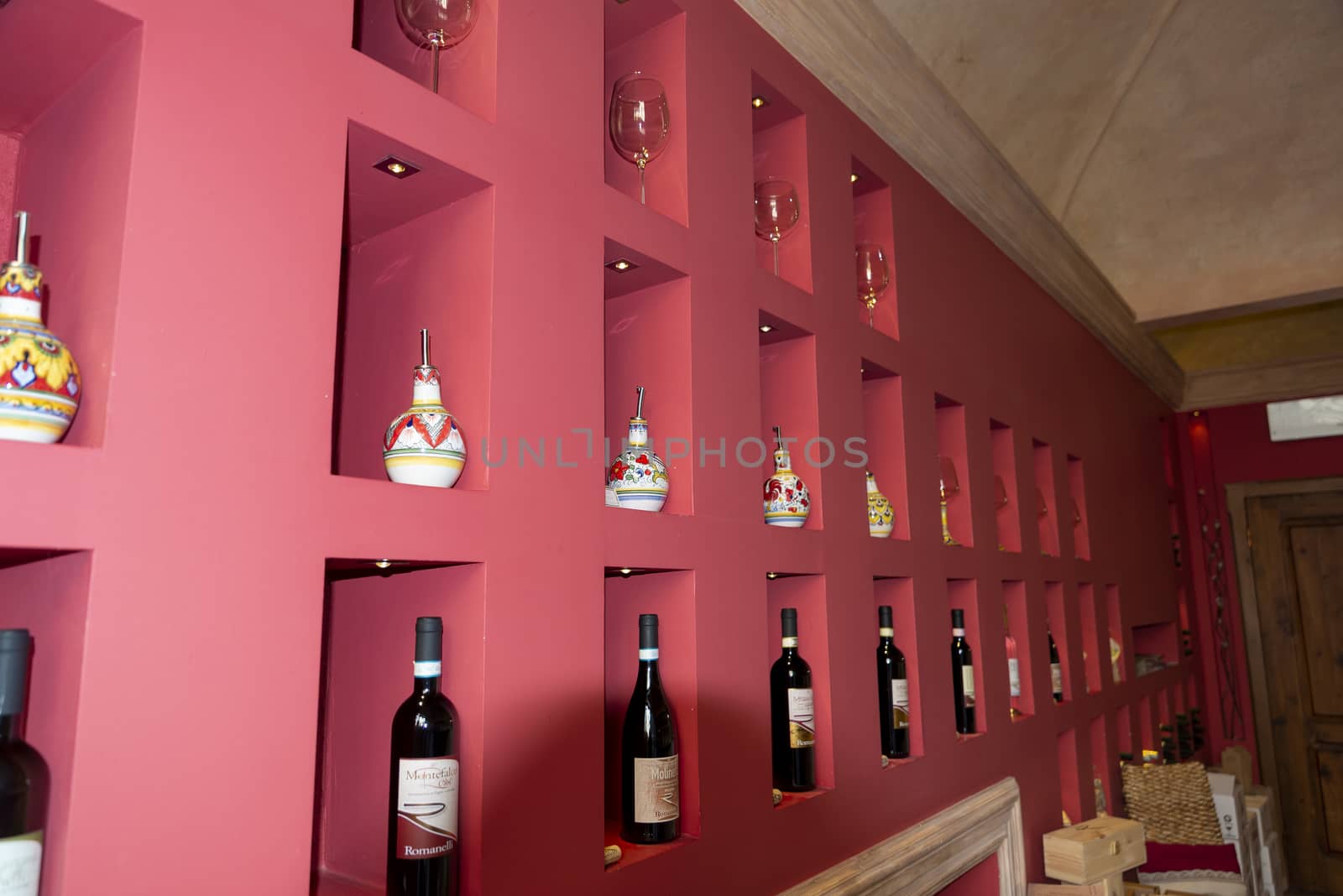 montefalco,italy august 13 2020:Wine shop with tourist wines from the town of Montefalco