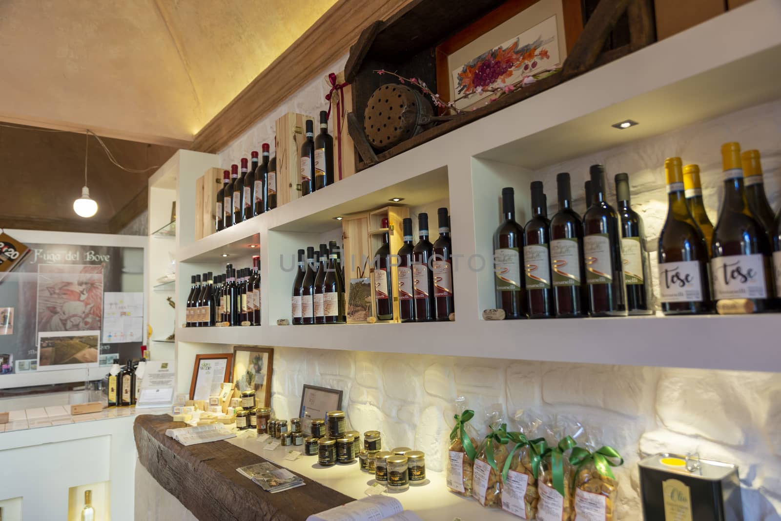 montefalco,italy august 13 2020:Wine shop with tourist wines from the town of Montefalco