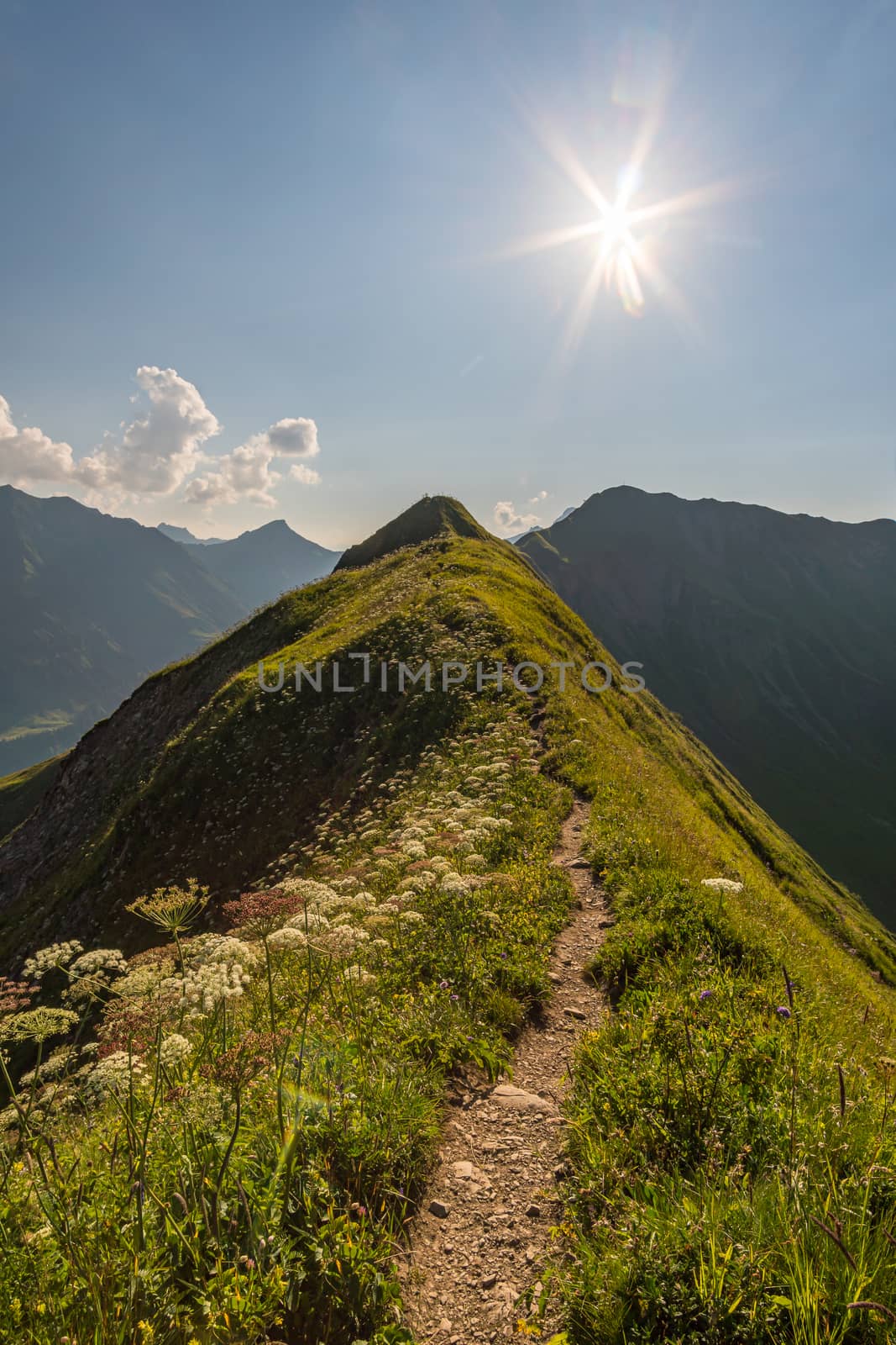 Fantastic sunset tour on the beautiful panoramic mountain Hoferspitze near Schrocken in the Allgau Alps, Kleinwalsertal