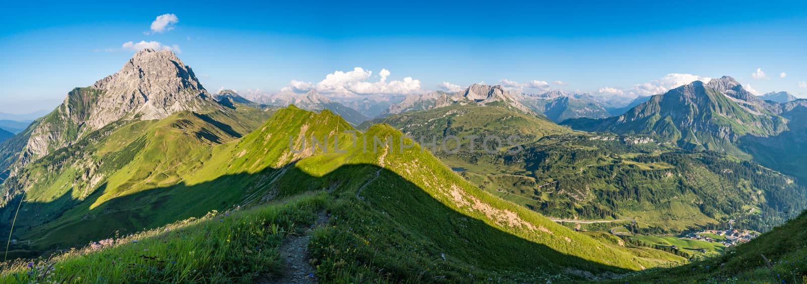 Fantastic sunset tour on the beautiful panoramic mountain Hoferspitze near Schrocken in the Allgau Alps, Kleinwalsertal