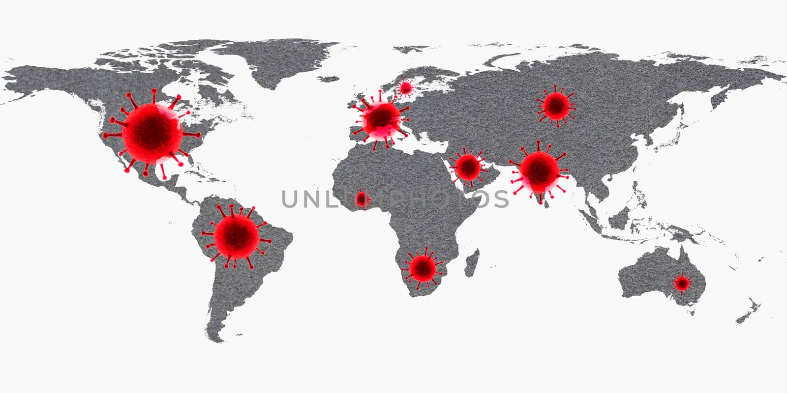 3D-Illustration of a world map showing the corona virus hotspots in the United States, Brazil, India, Russia and Europe