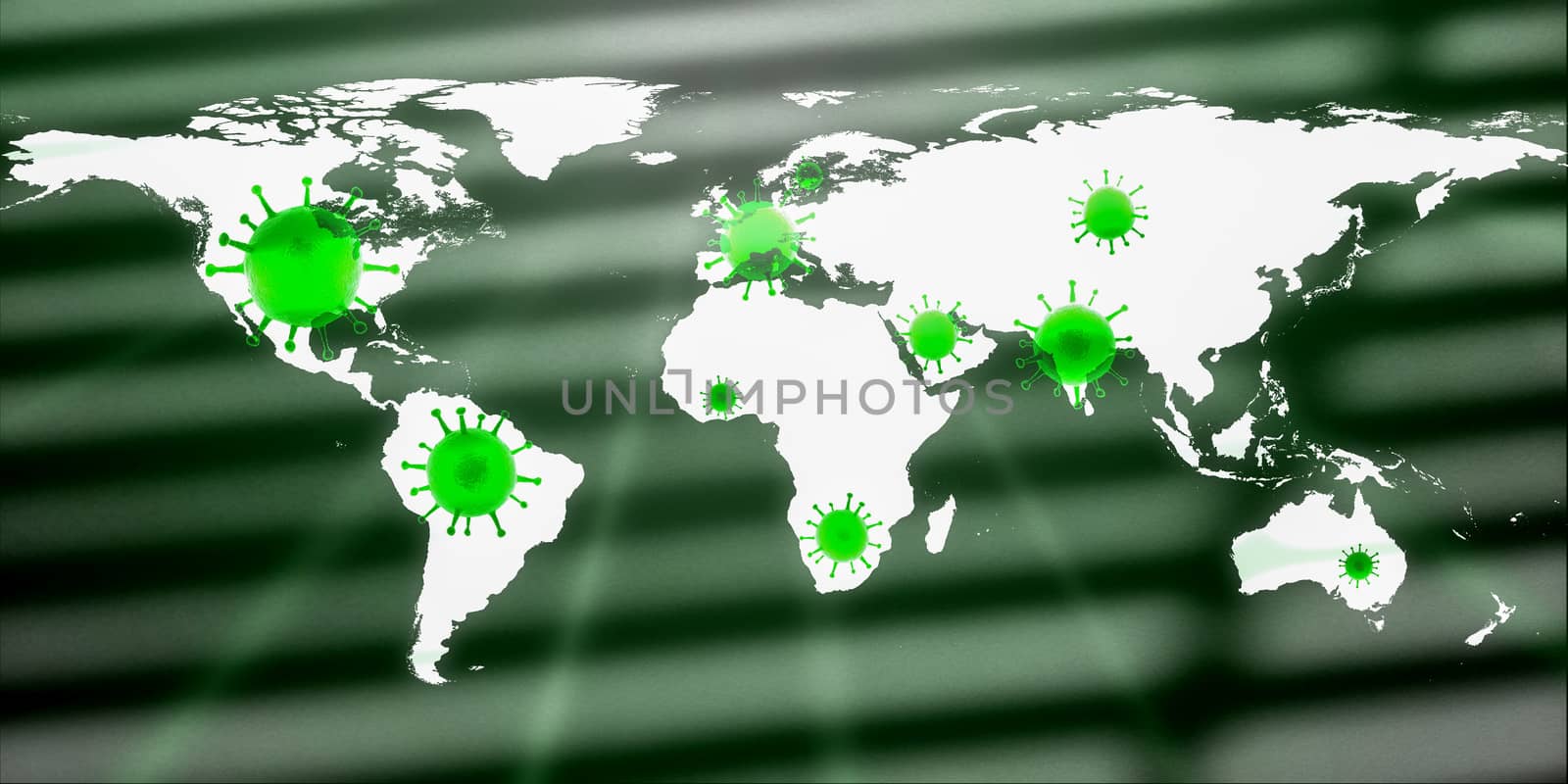 3D-Illustration of a world map showing the corona virus hotspots in the United States, Brazil, India, Russia and Europe