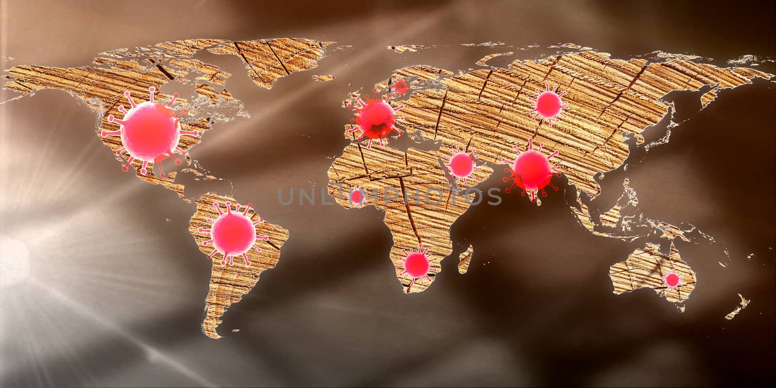 3D-Illustration of a world map showing the corona virus hotspots by MP_foto71