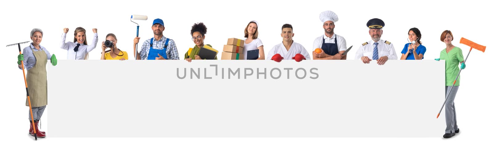 People representing diverse professions holding big blank banner isolated on white background