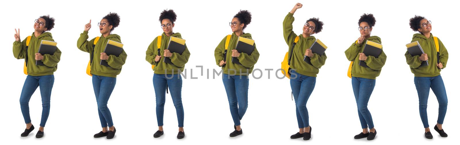 Set of full length portraits of smiling african student carrying a backpack and holding copybooks isolated on white background