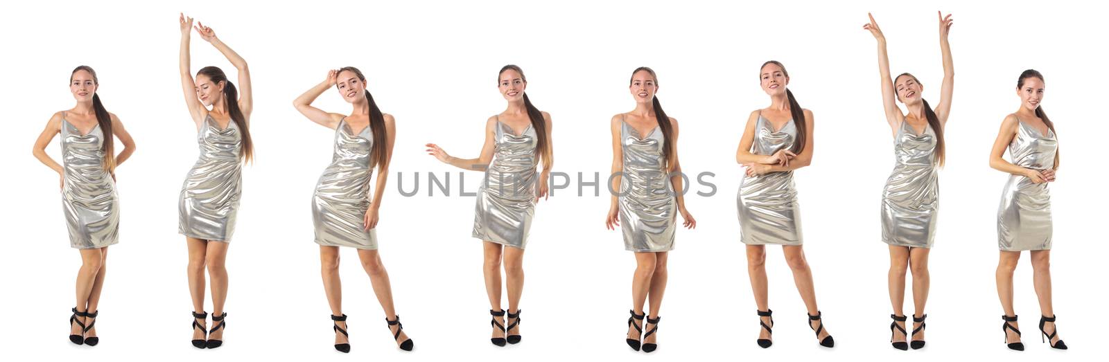 Set of full length portraits of young dancing girl in silver dress isolated over white background