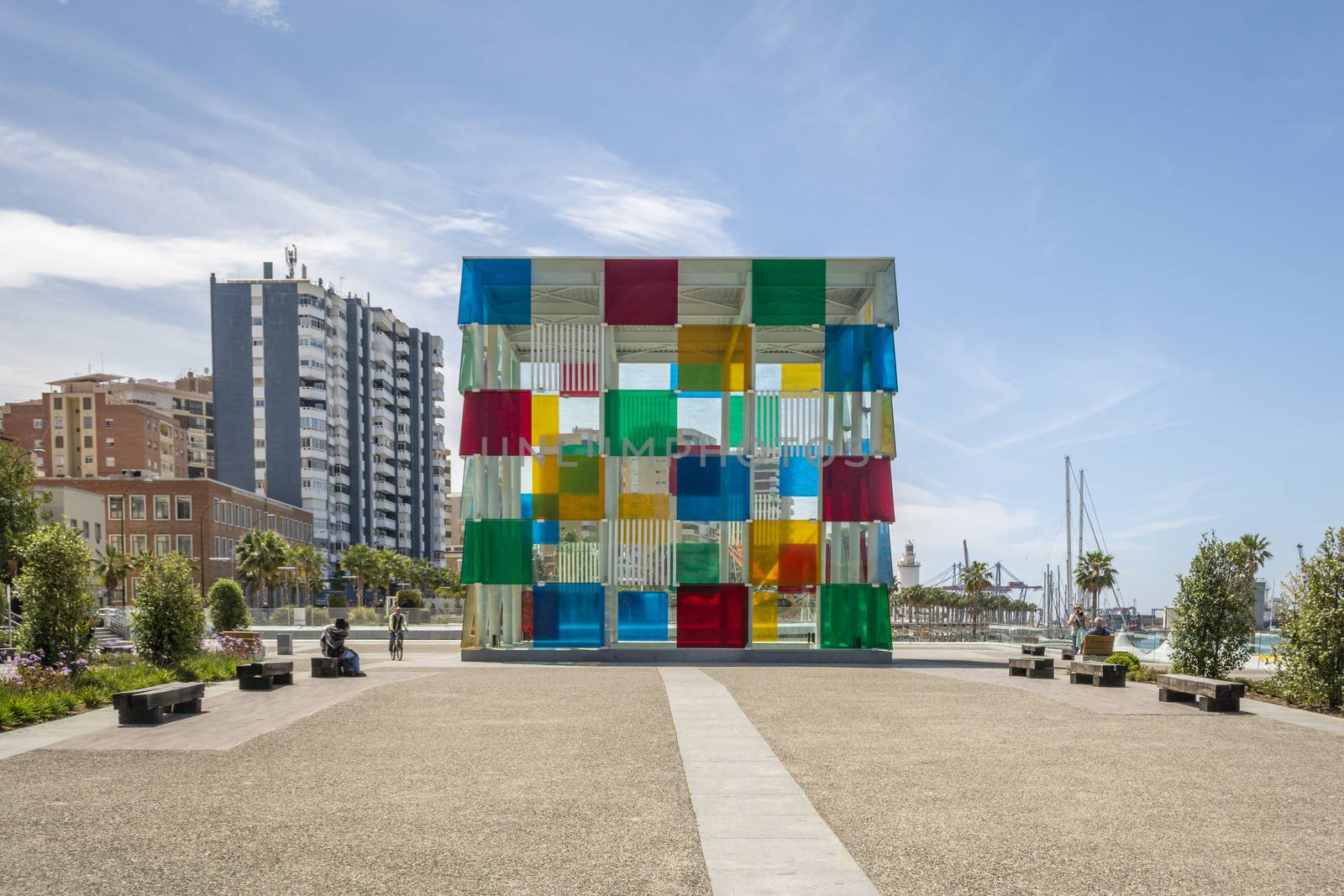 Malaga, Spain, April 2016: Centre pompidou in Malaga a colorful cube from glass and steel, also called el cubo