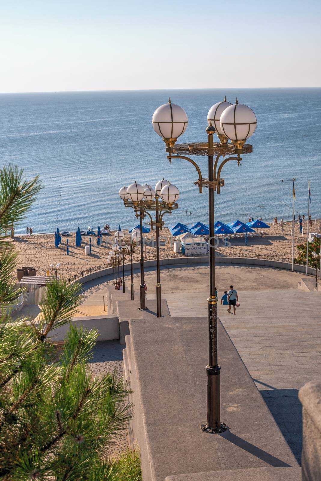 Chernomorsk, Ukraine 08.22.2020. Maritime Stairs from seaside park to the public beach in Chernomorsk city on a sunny summer morning