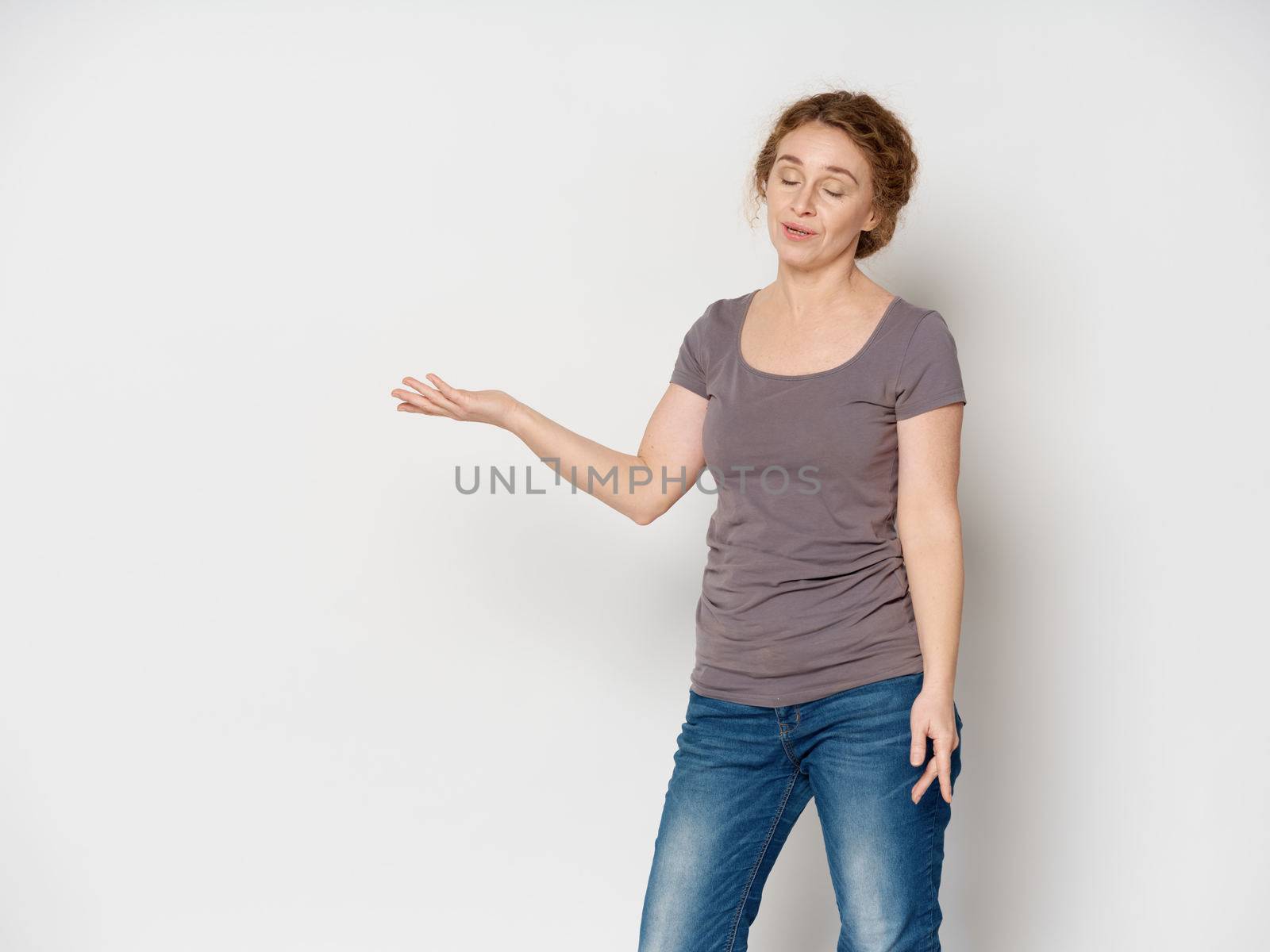 Elderly Woman T-shirt Jeans Casual Clothes Studio Lifestyle