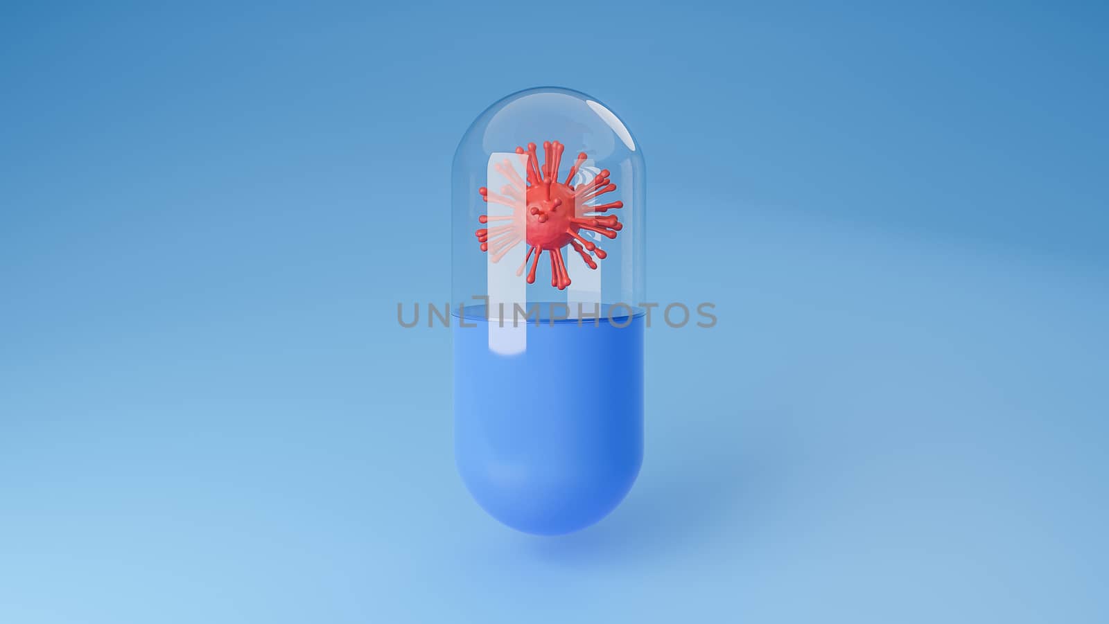 Red Coronavirus or covid-19 in pill capsule on blue background.,Inhibition of disease outbreaks and Medical technology.,3d model and illustration.