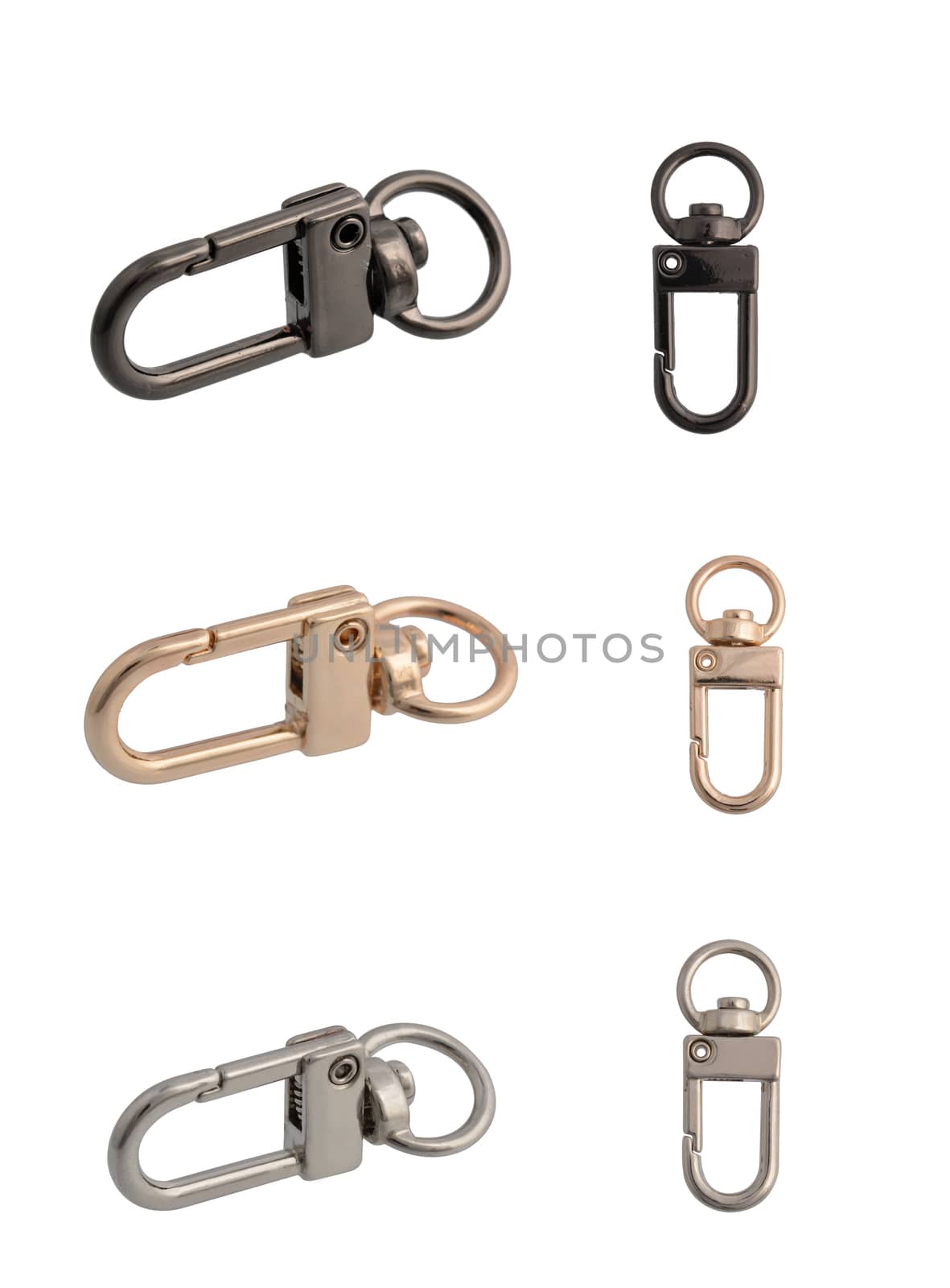 gold, silver and black chrome set of metal carabiner chain, isolated, white background. Key ring with clipping path. front and side view. use for bags and belts