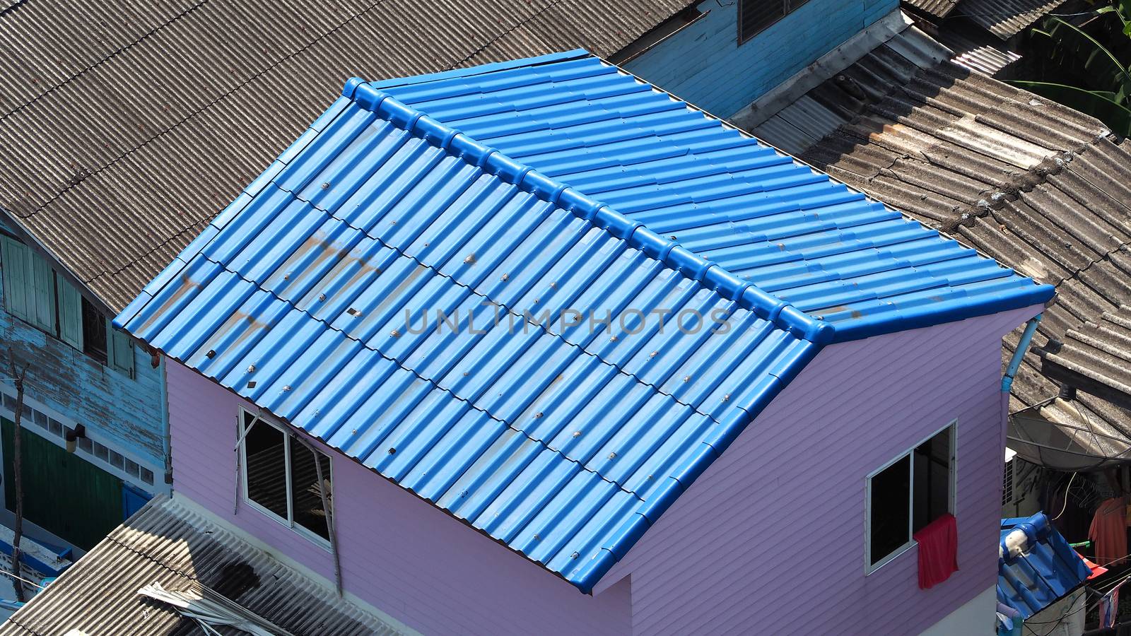 Roof tiles and made from ceramic and metal material and top view angle.