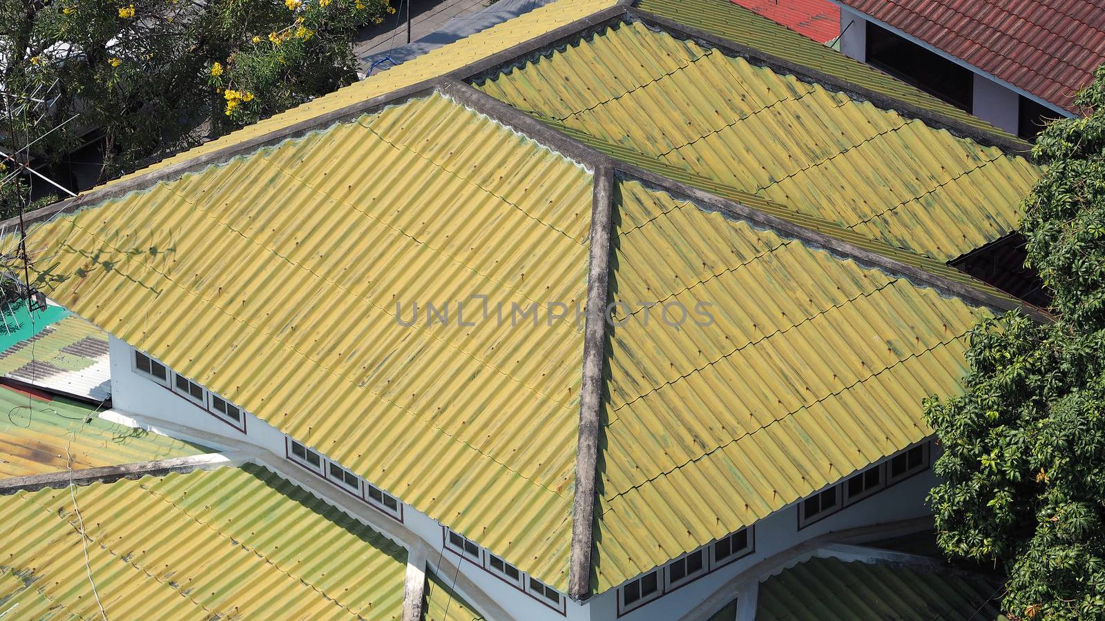 Roof tiles and made from ceramic and metal material and top view angle.