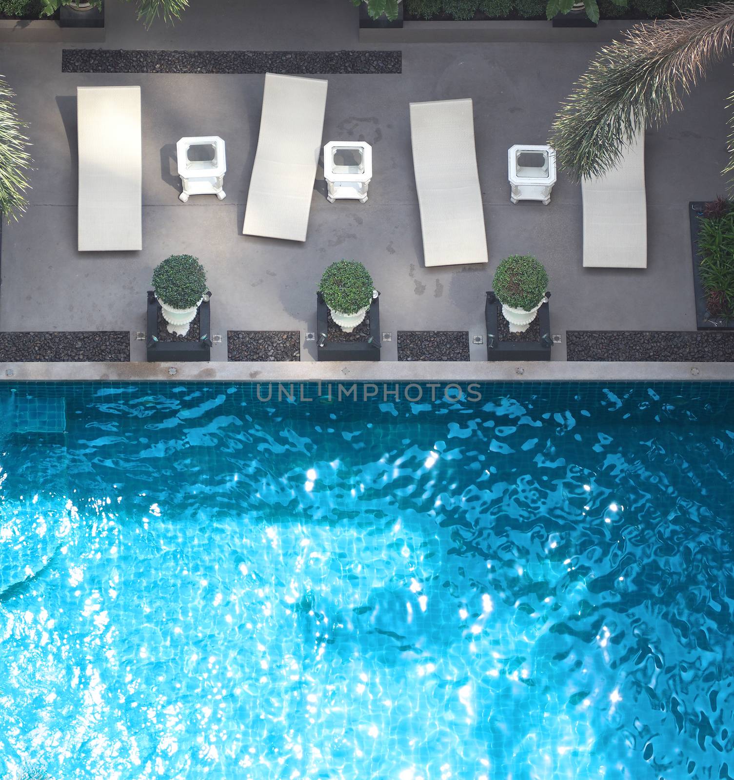 Swimming pool blue water in summer and white beach beds and top view angle.