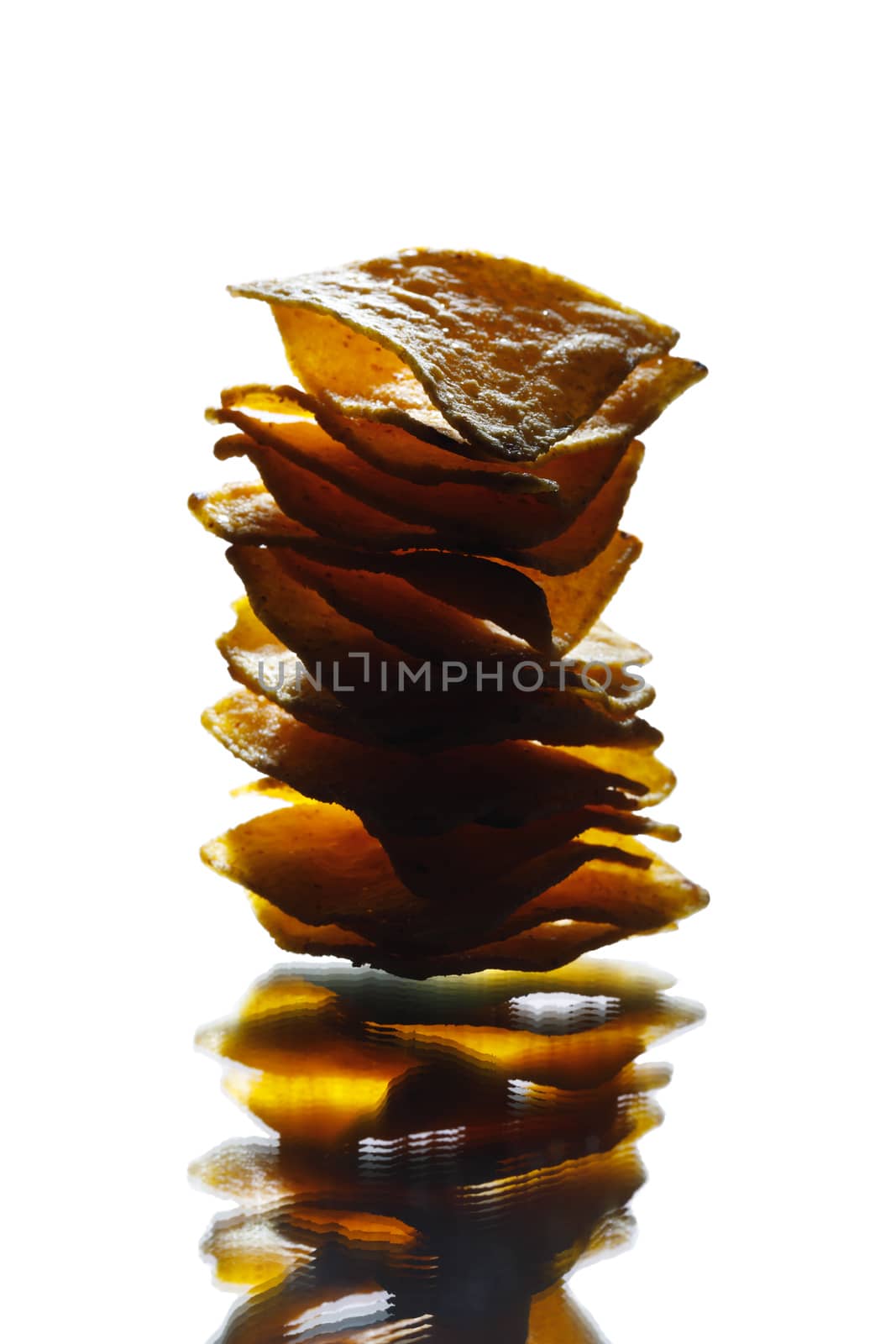 mexican nachos tortilla chips stack, isolated on white