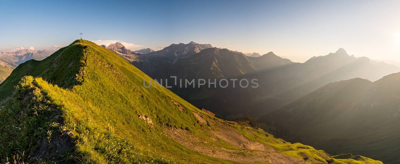 Fantastic sunset tour on the beautiful panoramic mountain Hoferspitze near Schrocken in the Allgau Alps, Kleinwalsertal