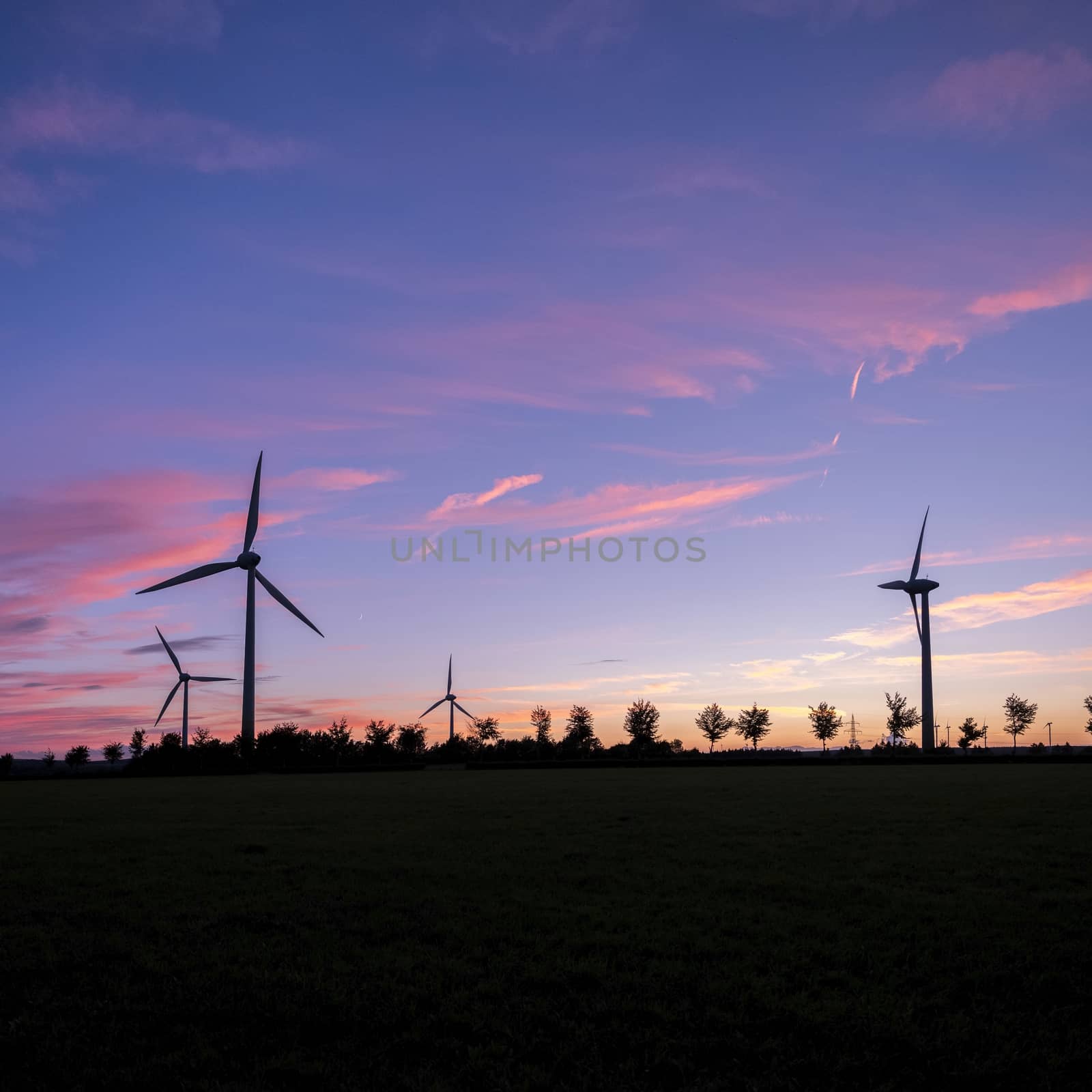 wind turbines and trees form silhouettes against colorful sunset by ahavelaar