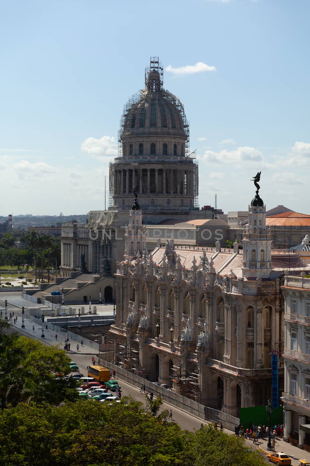 Panoramic view of central park, Great Theater of Havana and National Capitol, Havana, Cuba