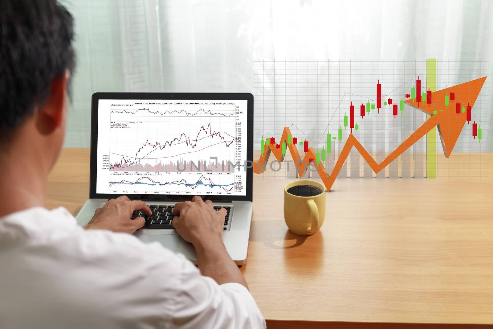 Business and financial concept Bbusinessman use laptop computer trade stock market with candlestick chart background. Businessman use computer network control trade buy and sell stock market