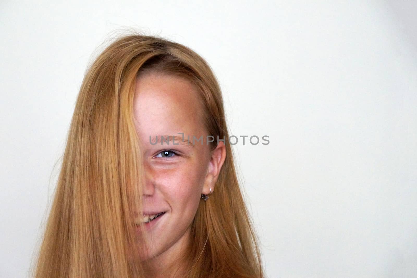 portrait of smiling girl with long blond hair by Annado