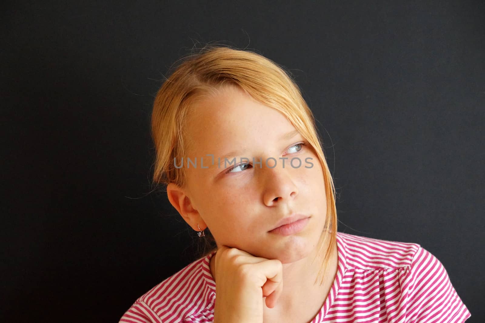 portrait of girl with long blond hair on black background by Annado