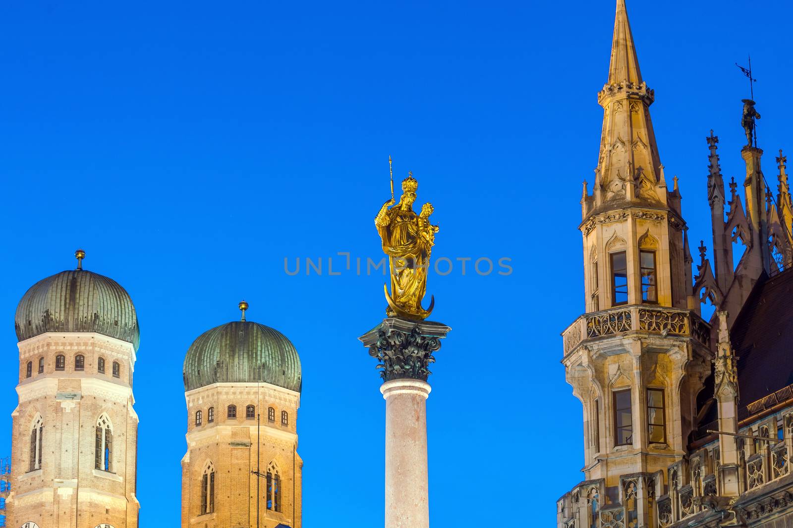 Steeple of the Peace Column with famous golden Angel of Peace statue in Munich, Germany