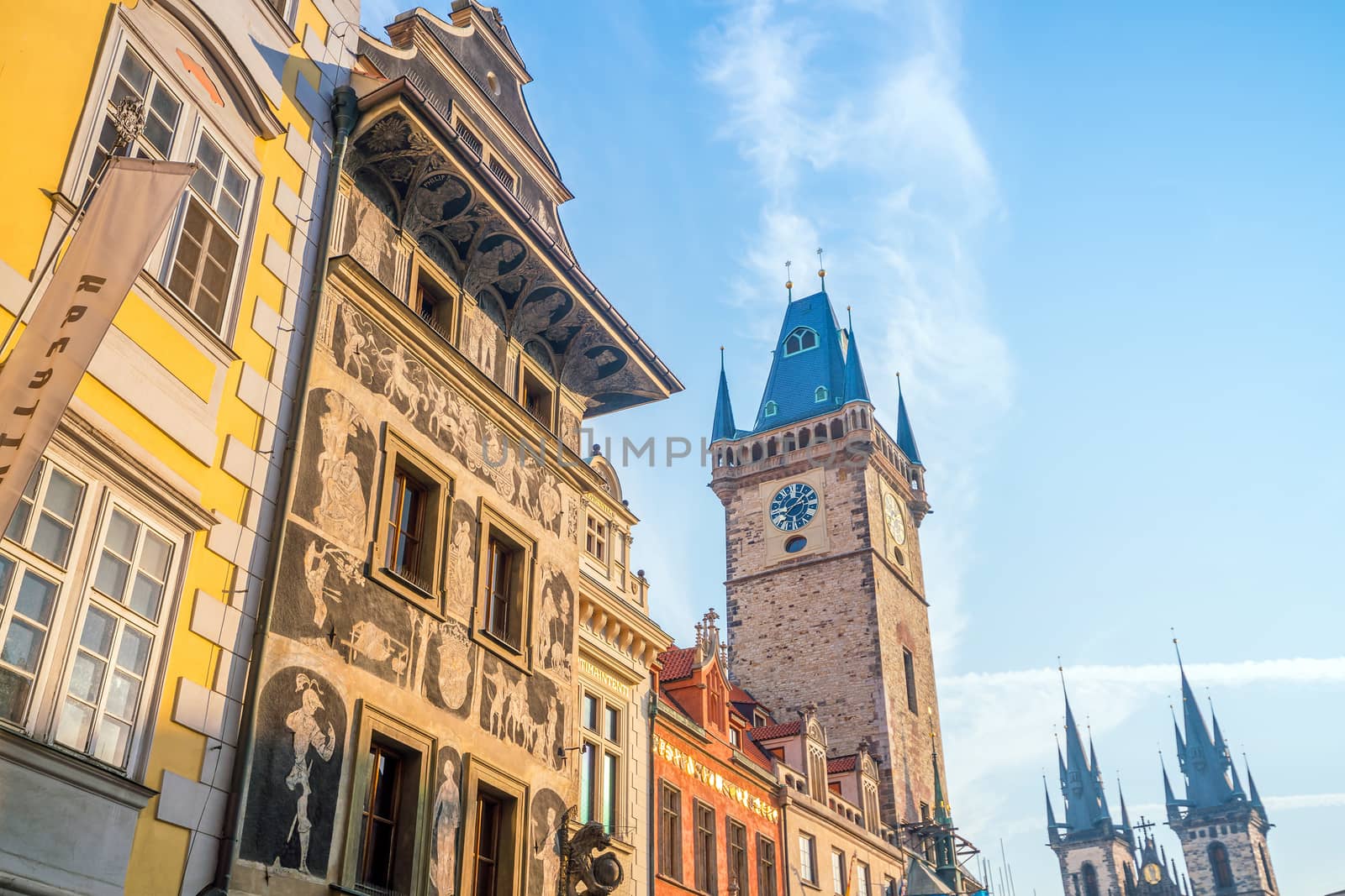 PRAGUE, CZECH REPUBLIC - AUGUST 19, 2018: Heritage buildings in Old Town of Prague in Czech Republic.