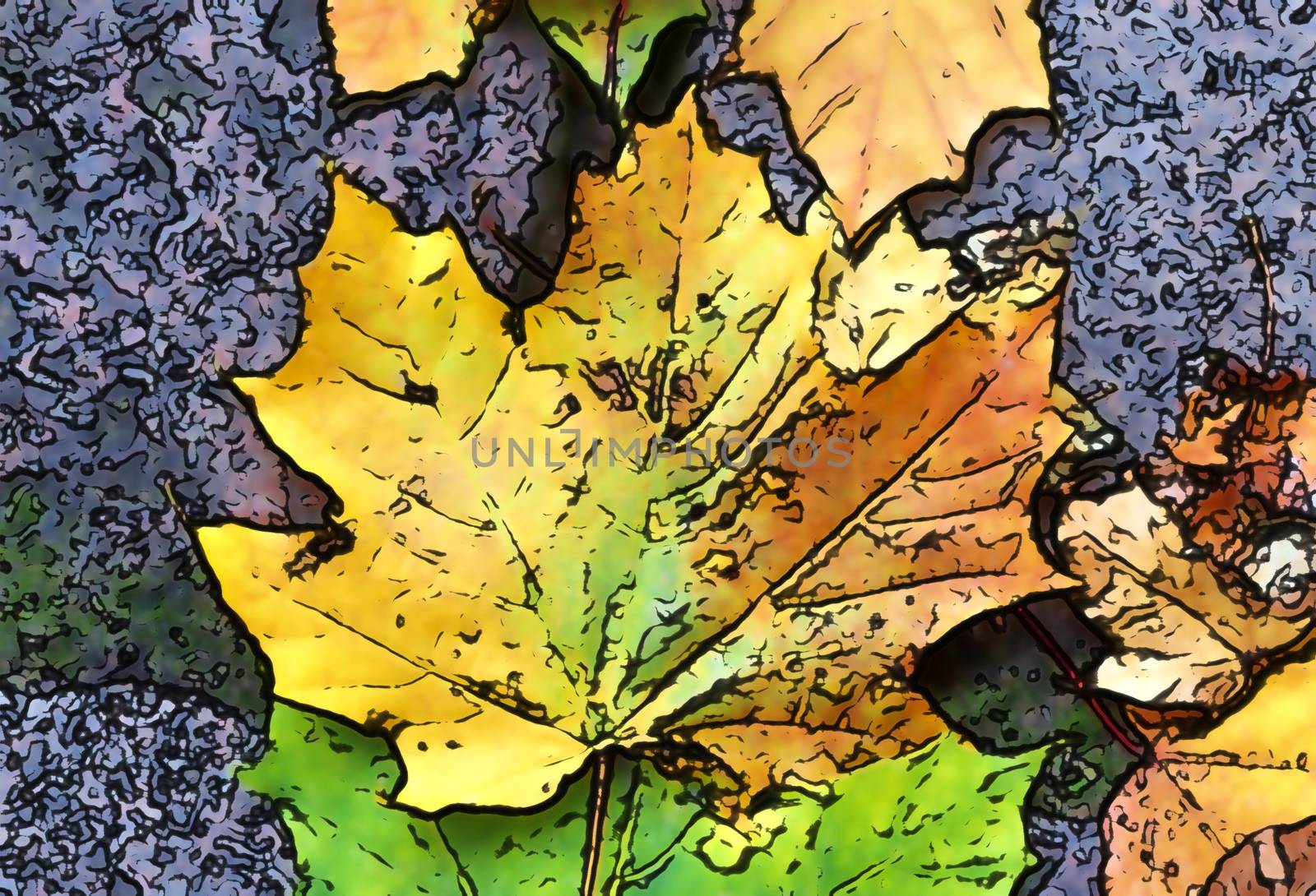 Comic style painting of colorful autumn leaves for backgrounds or textures