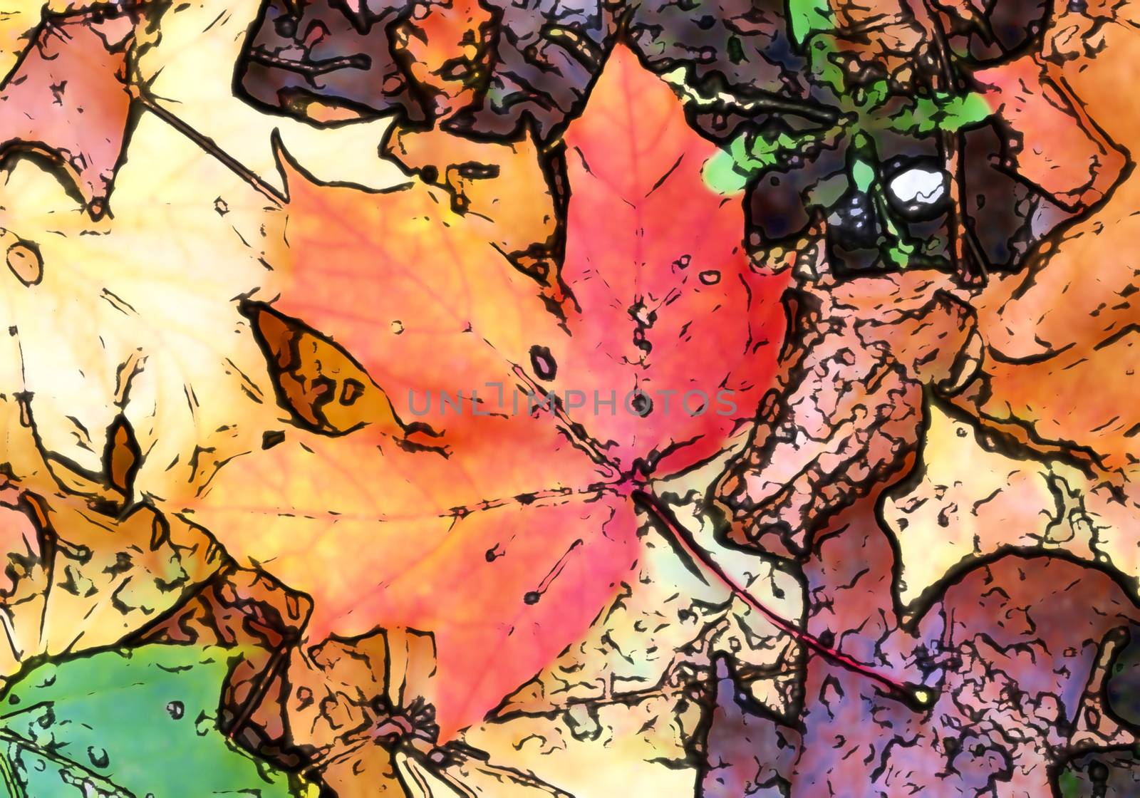 Comic style painting of colorful autumn leaves for backgrounds or textures