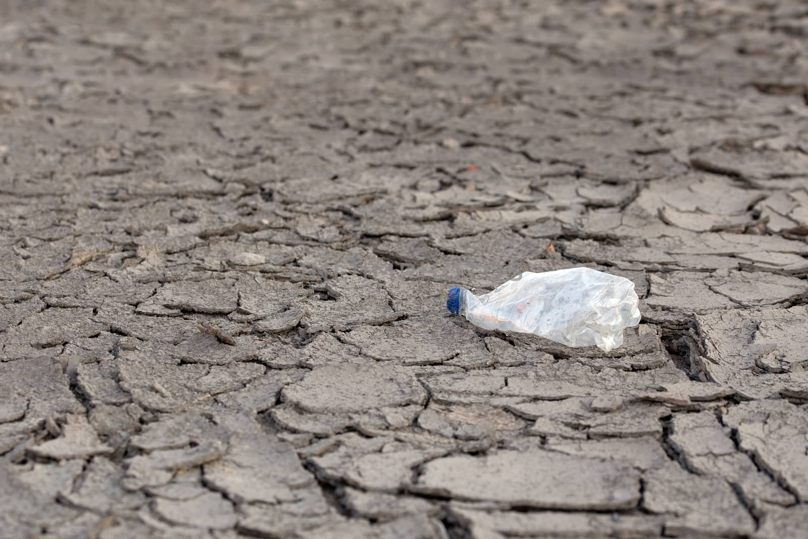 empty crumpled plastic bottle on dry cracked mud desert like gray background, close-up with selective focus and blur