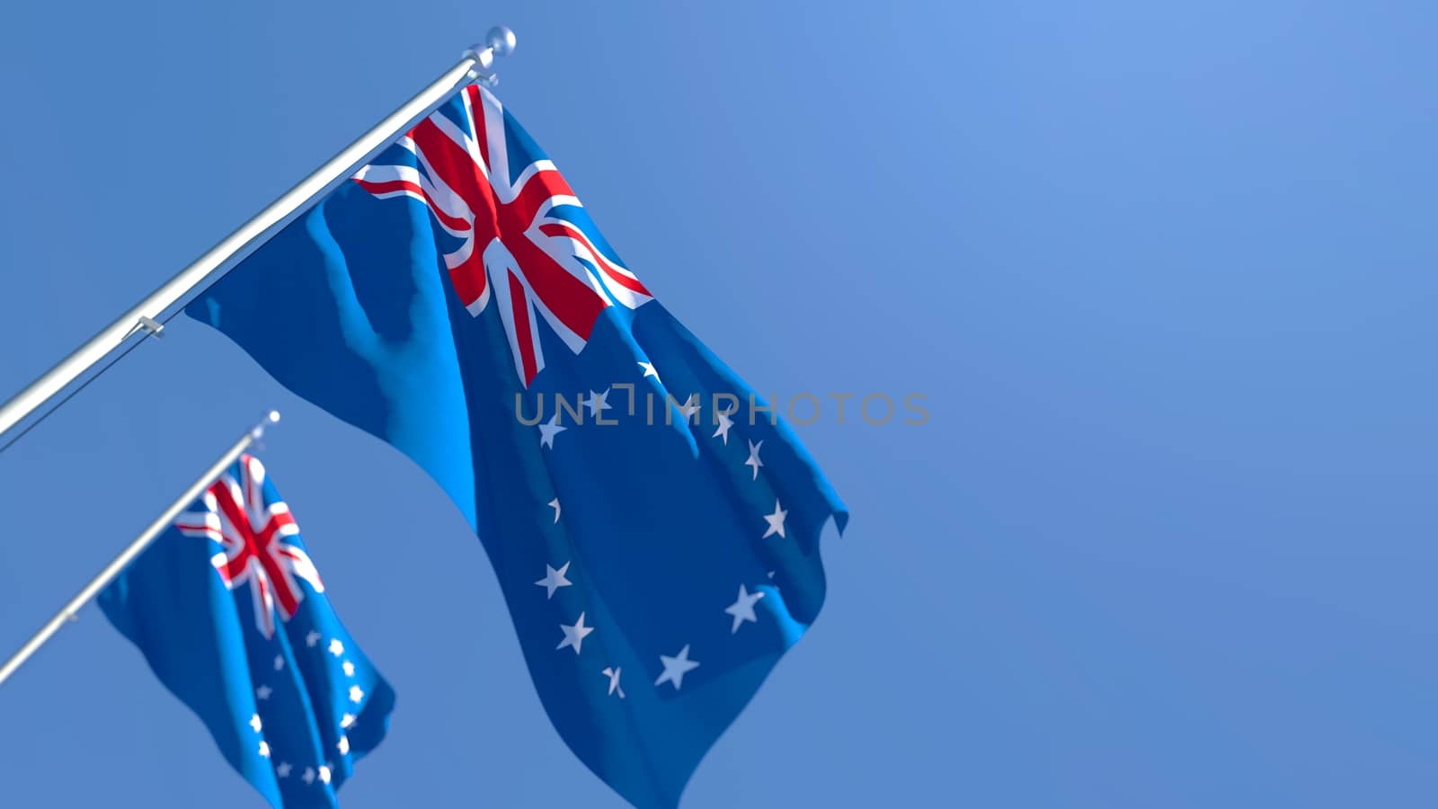 3D rendering of the national flag of Cook Islands waving in the wind against a blue sky
