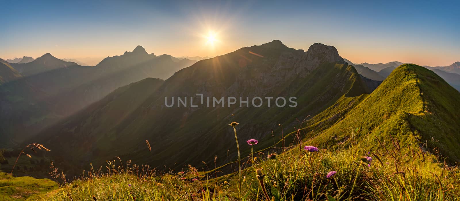 Fantastic sunset tour on the beautiful panoramic mountain Hoferspitze near Schrocken in the Allgau Alps, Kleinwalsertal